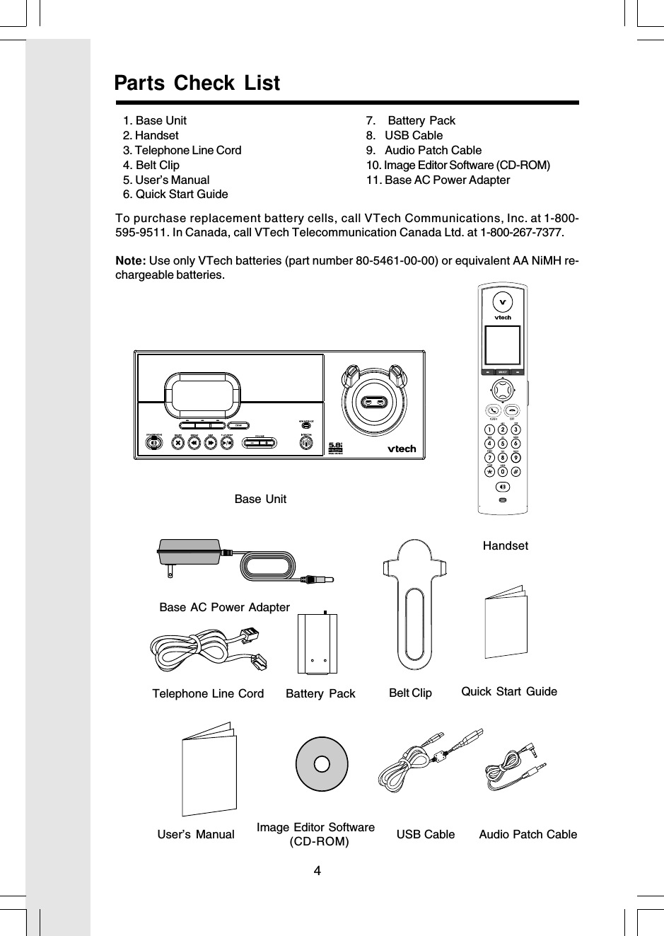 4Parts Check List1. Base Unit2. Handset3. Telephone Line Cord4. Belt Clip5. User’s Manual6. Quick Start Guide7.   Battery Pack8.   USB Cable9.   Audio Patch Cable10. Image Editor Software (CD-ROM)11. Base AC Power AdapterTo purchase replacement battery cells, call VTech Communications, Inc. at 1-800-595-9511. In Canada, call VTech Telecommunication Canada Ltd. at 1-800-267-7377.Note: Use only VTech batteries (part number 80-5461-00-00) or equivalent AA NiMH re-chargeable batteries.Base UnitHandsetTelephone Line Cord Belt ClipUser’s ManualQuick Start GuideBattery PackUSB Cable Audio Patch CableImage Editor Software(CD-ROM)Base AC Power Adapter