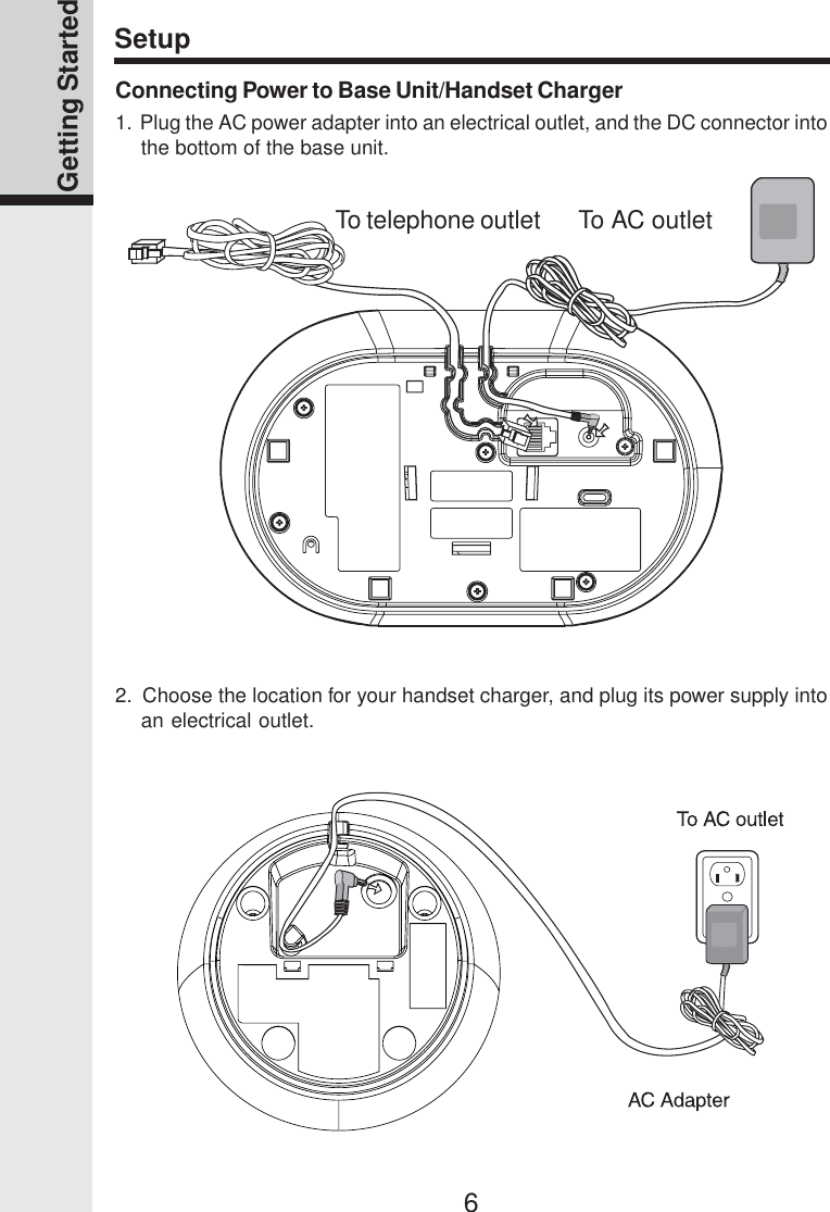 6Getting StartedConnecting Power to Base Unit/Handset Charger1.  Plug the AC power adapter into an electrical outlet, and the DC connector intothe bottom of the base unit.2.  Choose the location for your handset charger, and plug its power supply intoan electrical outlet.SetupTo AC outletTo telephone outlet