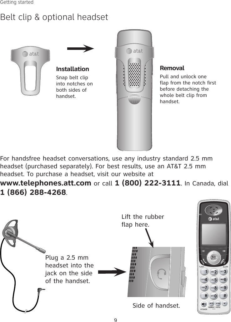 9InstallationSnap belt clip into notches on both sides of handset. RemovalPull and unlock one flap from the notch first before detaching the whole belt clip from handset. Plug a 2.5 mm headset into the jack on the side of the handset.Lift the rubber flap here.For handsfree headset conversations, use any industry standard 2.5 mm headset (purchased separately). For best results, use an AT&amp;T 2.5 mm headset. To purchase a headset, visit our website at  www.telephones.att.com or call 1 (800) 222-3111. In Canada, dial 1 (866) 288-4268.Getting startedBelt clip &amp; optional headsetSide of handset.