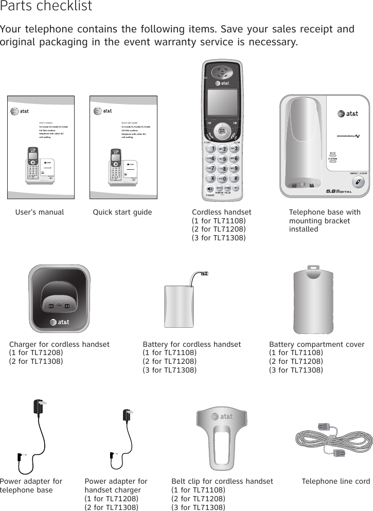 User’s manual TL71108/TL71208/TL713085.8 GHz cordless  telephone with caller ID/call waitingUser&apos;s manual Quick start guideTelephone line cordPower adapter for telephone basePower adapter for handset charger(1 for TL71208)(2 for TL71308)Telephone base with mounting bracket installedCordless handset(1 for TL71108)(2 for TL71208)(3 for TL71308)Battery for cordless handset(1 for TL71108)(2 for TL71208)(3 for TL71308)Charger for cordless handset(1 for TL71208)(2 for TL71308)Battery compartment cover(1 for TL71108)(2 for TL71208)(3 for TL71308)Belt clip for cordless handset(1 for TL71108)(2 for TL71208)(3 for TL71308)Parts checklistYour telephone contains the following items. Save your sales receipt and original packaging in the event warranty service is necessary. Quick start guideTL71108/TL71208/TL713085.8 GHz cordless  telephone with caller ID/call waiting