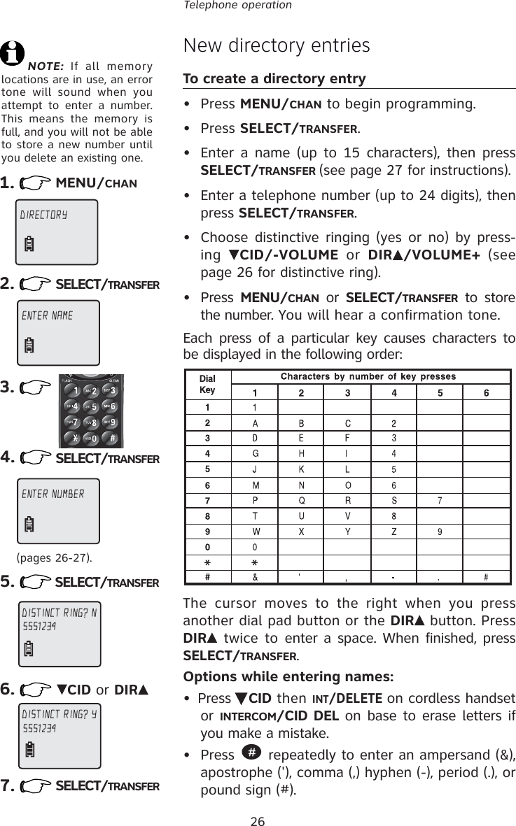 26Telephone operationNew directory entriesTo create a directory entry• Press MENU/CHAN to begin programming.• Press SELECT/TRANSFER.•  Enter a name (up to 15 characters), then press SELECT/TRANSFER (see page 27 for instructions).•  Enter a telephone number (up to 24 digits), then press SELECT/TRANSFER.•  Choose distinctive ringing (yes or no) by press-ing  CID/-VOLUME or DIR /VOLUME+ (see page 26 for distinctive ring).• Press MENU/CHAN or SELECT/TRANSFER to store the number. You will hear a confirmation tone.Each press of a particular key causes characters to be displayed in the following order:The cursor moves to the right when you press another dial pad button or the DIR  button. Press DIR  twice to enter a space. When finished, press SELECT/TRANSFER.Options while entering names:• Press  CID then INT/DELETE on cordless handset or INTERCOM/CID DEL on base to erase letters if you make a mistake.• Press # repeatedly to enter an ampersand (&amp;), apostrophe (&apos;), comma (,) hyphen (-), period (.), or pound sign (#).         NOTE: If all memory locations are in use, an error tone will sound when you attempt to enter a number. This means the memory is full, and you will not be able to store a new number until you delete an existing one.1. MENU/CHAN2. SELECT/TRANSFERDIRECTORY  ENTER NAME (pages 26-27).3.ENTER NUMBER 5.DISTINCT RING? N 55512344. SELECT/TRANSFERSELECT/TRANSFER6.DISTINCT RING? Y 5551234CID or DIR7. SELECT/TRANSFER