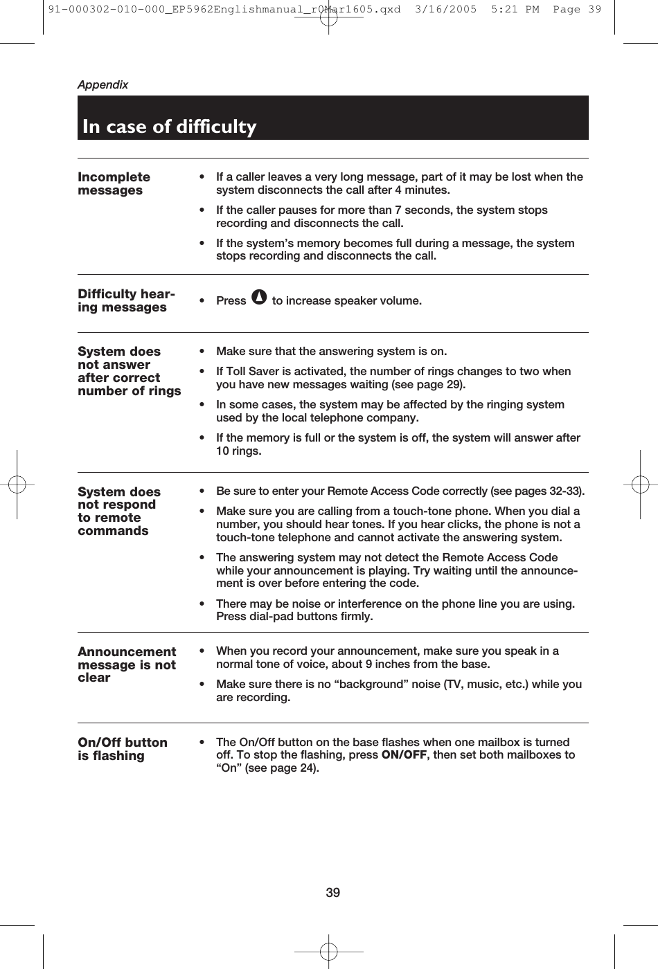 39AppendixIncompletemessages• If a caller leaves a very long message, part of it may be lost when thesystem disconnects the call after 4 minutes.• If the caller pauses for more than 7 seconds, the system stopsrecording and disconnects the call.• If the system’s memory becomes full during a message, the systemstops recording and disconnects the call.Difficulty hear-ing messages • Press ^to increase speaker volume.System doesnot answerafter correctnumber of rings• Make sure that the answering system is on.• If Toll Saver is activated, the number of rings changes to two whenyou have new messages waiting (see page 29).• In some cases, the system may be affected by the ringing systemused by the local telephone company.• If the memory is full or the system is off, the system will answer after10 rings.Announcementmessage is notclear• When you record your announcement, make sure you speak in a normal tone of voice, about 9 inches from the base.• Make sure there is no “background” noise (TV, music, etc.) while youare recording.On/Off buttonis flashing• The On/Off button on the base flashes when one mailbox is turnedoff. To stop the flashing, press ON/OFF, then set both mailboxes to“On” (see page 24).System doesnot respond to remote commands• Be sure to enter your Remote Access Code correctly (see pages 32-33).• Make sure you are calling from a touch-tone phone. When you dial anumber, you should hear tones. If you hear clicks, the phone is not atouch-tone telephone and cannot activate the answering system.• The answering system may not detect the Remote Access Codewhile your announcement is playing. Try waiting until the announce-ment is over before entering the code.• There may be noise or interference on the phone line you are using.Press dial-pad buttons firmly.In case of difficulty91-000302-010-000_EP5962Englishmanual_r0Mar1605.qxd  3/16/2005  5:21 PM  Page 39
