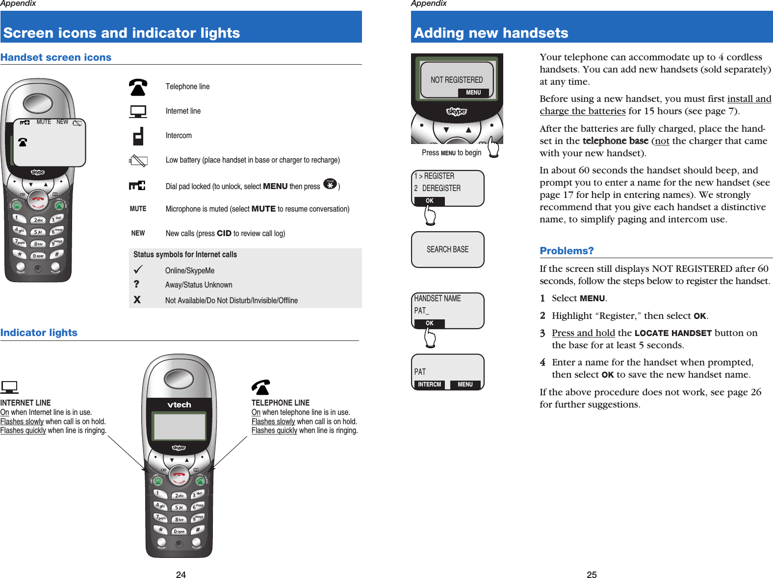 24Appendix25AppendixScreen icons and indicator lightsHandset screen iconsTelephone lineInternet lineIntercomLow battery (place handset in base or charger to recharge)Dial pad locked (to unlock, select MENUthen press *)MUTE Microphone is muted (select MUTEto resume conversation)NEW New calls (press CIDto review call log)Indicator lightsINTERNET LINEOn when Internet line is in use.Flashes slowly when call is on hold.Flashes quickly when line is ringing.MUTE    NEWTELEPHONE LINEOn when telephone line is in use.Flashes slowly when call is on hold.Flashes quickly when line is ringing.Adding new handsetsYour telephone can accommodate up to 4 cordlesshandsets. You can add new handsets (sold separately)at any time.Before using a new handset, you must first install andcharge the batteries for 15 hours (see page 7).After the batteries are fully charged, place the hand-set in the tteelleepphhoonnee  bbaassee(not the charger that camewith your new handset). In about 60 seconds the handset should beep, andprompt you to enter a name for the new handset (seepage 17 for help in entering names). We stronglyrecommend that you give each handset a distinctivename, to simplify paging and intercom use.Problems?If the screen still displays NOT REGISTERED after 60seconds, follow the steps below to register the handset.11Select MENU.22Highlight “Register,” then select OK. 33Press and hold the LOCATE HANDSET button onthe base for at least 5 seconds.44Enter a name for the handset when prompted,then select OK to save the new handset name. If the above procedure does not work, see page 26for further suggestions.NOT REGISTEREDMENUPress MENU to beginSEARCH BASE1 &gt; REGISTER2   DEREGISTEROKHANDSET NAMEPAT_OKPATINTERCM MENUStatus symbols for Internet callsOnline/SkypeMe?Away/Status UnknownXNot Available/Do Not Disturb/Invisible/Offline