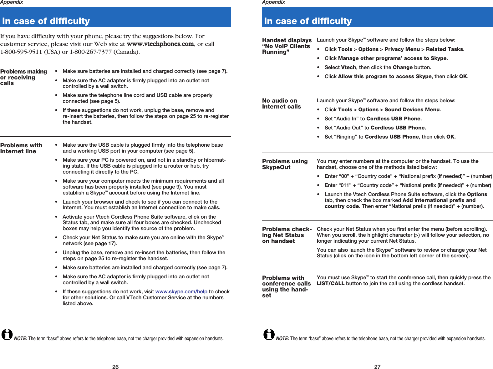 27Appendix26AppendixIn case of difficultyIf you have difficulty with your phone, please try the suggestions below. For customer service, please visit our Web site at wwwwww..vvtteecchhpphhoonneess..ccoomm, or call 1-800-595-9511 (USA) or 1-800-267-7377 (Canada).Problems makingor receivingcalls• Make sure batteries are installed and charged correctly (see page 7).• Make sure the AC adapter is firmly plugged into an outlet not controlled by a wall switch.• Make sure the telephone line cord and USB cable are properly connected (see page 5).• If these suggestions do not work, unplug the base, remove and re-insert the batteries, then follow the steps on page 25 to re-registerthe handset.Problems withInternet line• Make sure the USB cable is plugged firmly into the telephone baseand a working USB port in your computer (see page 5).• Make sure your PC is powered on, and not in a standby or hibernat-ing state. If the USB cable is plugged into a router or hub, try connecting it directly to the PC.• Make sure your computer meets the minimum requirements and all software has been properly installed (see page 9). You must establish a Skype™account before using the Internet line.• Launch your browser and check to see if you can connect to theInternet. You must establish an Internet connection to make calls.• Activate your Vtech Cordless Phone Suite software, click on theStatus tab, and make sure all four boxes are checked. Uncheckedboxes may help you identify the source of the problem.• Check your Net Status to make sure you are online with the Skype™network (see page 17).• Unplug the base, remove and re-insert the batteries, then follow thesteps on page 25 to re-register the handset.• Make sure batteries are installed and charged correctly (see page 7).• Make sure the AC adapter is firmly plugged into an outlet not controlled by a wall switch.• If these suggestions do not work, visit www.skype.com/help to checkfor other solutions. Or call VTech Customer Service at the numberslisted above.In case of difficultyNOTE:The term “base” above refers to the telephone base, not the charger provided with expansion handsets.Handset displays“No VoIP ClientsRunning”Launch your Skype™software and follow the steps below:• Click Tools &gt; Options &gt; Privacy Menu &gt; Related Tasks.• Click Manage other programs’ access to Skype.• Select Vtech, then click the Change button.• Click Allow this program to access Skype, then click OK.No audio onInternet callsLaunch your Skype™software and follow the steps below:• Click Tools &gt; Options &gt; Sound Devices Menu.• Set “Audio In” to Cordless USB Phone.• Set “Audio Out” to Cordless USB Phone.• Set “Ringing” to Cordless USB Phone, then click OK.Problems usingSkypeOutYou may enter numbers at the computer or the handset. To use thehandset, choose one of the methods listed below: • Enter “00” + “Country code” + “National prefix (if needed)” + (number)• Enter “011” + “Country code” + “National prefix (if needed)” + (number)• Launch the Vtech Cordless Phone Suite software, click the Optionstab, then check the box marked Add international prefix and country code. Then enter “National prefix (if needed)” + (number).Problems check-ing Net Statuson handsetCheck your Net Status when you first enter the menu (before scrolling).When you scroll, the highlight character (&gt;) will follow your selection, nolonger indicating your current Net Status.You can also launch the Skype™software to review or change your NetStatus (click on the icon in the bottom left corner of the screen).Problems withconference callsusing the hand-setYou must use Skype™to start the conference call, then quickly press theLIST/CALL button to join the call using the cordless handset.NOTE:The term “base” above refers to the telephone base, not the charger provided with expansion handsets.