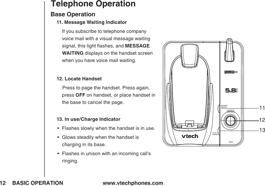 www.vtechphones.com12 BASIC OPERATIONBase Operation11. Message Waiting Indicator     If you subscribe to telephone company voice mail with a visual message waiting signal, this light ﬂashes, and MESSAGE WAITING displays on the handset screen when you have voice mail waiting. 12. Locate Handset      Press to page the handset. Press again, press OFF on handset, or place handset in the base to cancel the page.13. In use/Charge Indicator •   Flashes slowly when the handset is in use. •   Glows steadily when the handset is charging in its base. •   Flashes in unison with an incoming call’s ringing.Telephone Operation111213