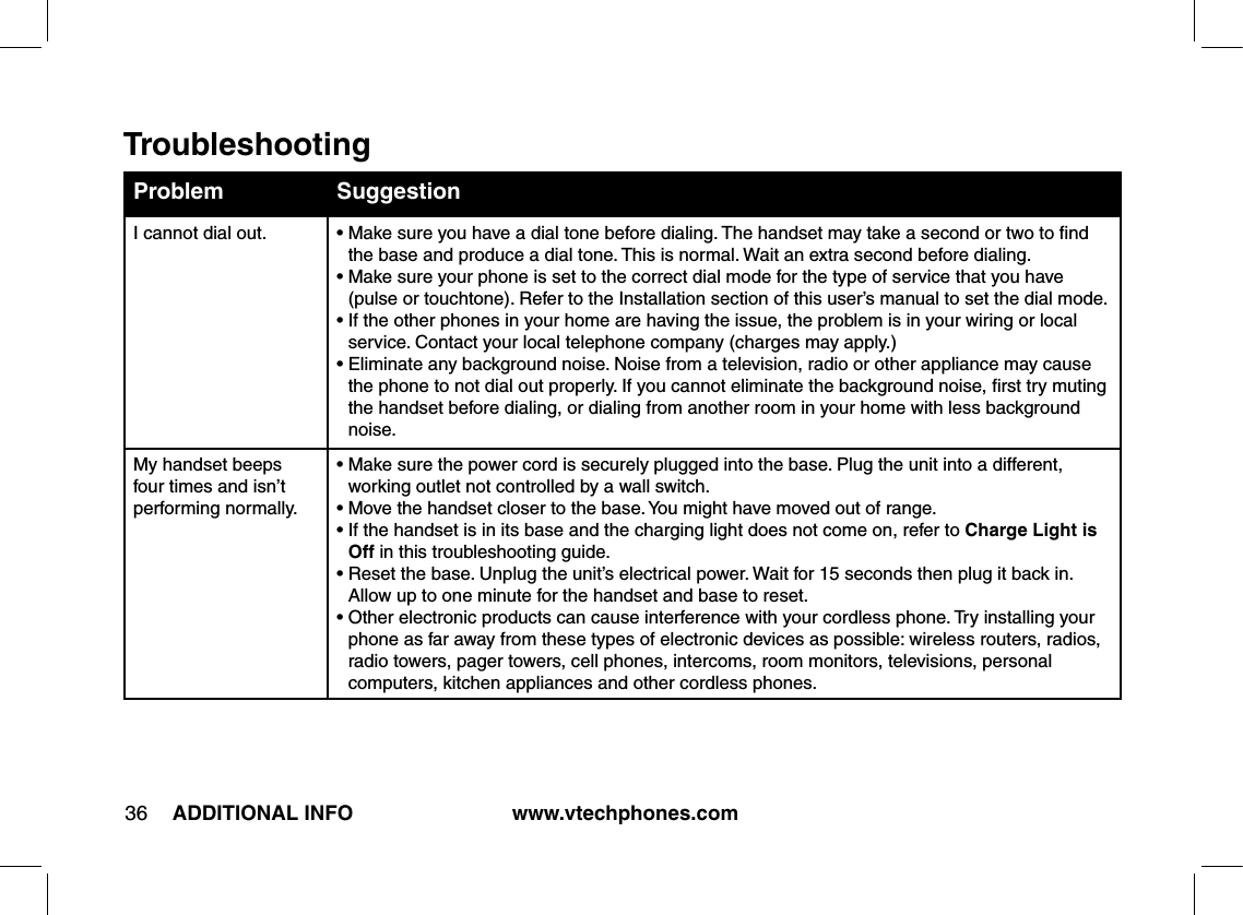 www.vtechphones.com36 ADDITIONAL INFOProblem SuggestionI cannot dial out. •  Make sure you have a dial tone before dialing. The handset may take a second or two to ﬁnd the base and produce a dial tone. This is normal. Wait an extra second before dialing.•  Make sure your phone is set to the correct dial mode for the type of service that you have (pulse or touchtone). Refer to the Installation section of this user’s manual to set the dial mode.•  If the other phones in your home are having the issue, the problem is in your wiring or local service. Contact your local telephone company (charges may apply.)•  Eliminate any background noise. Noise from a television, radio or other appliance may cause the phone to not dial out properly. If you cannot eliminate the background noise, ﬁrst try muting the handset before dialing, or dialing from another room in your home with less background noise.My handset beeps four times and isn’t performing normally.•  Make sure the power cord is securely plugged into the base. Plug the unit into a different, working outlet not controlled by a wall switch.• Move the handset closer to the base. You might have moved out of range.•  If the handset is in its base and the charging light does not come on, refer to Charge Light is Off in this troubleshooting guide.•  Reset the base. Unplug the unit’s electrical power. Wait for 15 seconds then plug it back in. Allow up to one minute for the handset and base to reset.•  Other electronic products can cause interference with your cordless phone. Try installing your phone as far away from these types of electronic devices as possible: wireless routers, radios, radio towers, pager towers, cell phones, intercoms, room monitors, televisions, personal computers, kitchen appliances and other cordless phones.Troubleshooting