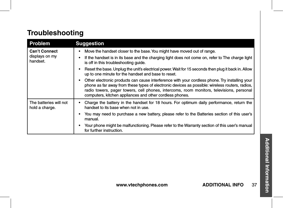 www.vtechphones.com 37Additional InformationADDITIONAL INFOProblem SuggestionCan’t Connect displays on my handset.•   Move the handset closer to the base. You might have moved out of range.•    If the handset is in its base and the charging light does not come on, refer to The charge light is off in this troubleshooting guide.•    Reset the base. Unplug the unit’s electrical power. Wait for 15 seconds then plug it back in. Allow up to one minute for the handset and base to reset.•    Other electronic products can cause interference with your cordless phone. Try installing your phone as far away from these types of electronic devices as possible: wireless routers, radios, radio  towers,  pager  towers,  cell  phones,  intercoms,  room  monitors,  televisions, personal computers, kitchen appliances and other cordless phones.The batteries will not hold a charge.•    Charge the battery in the handset for 18  hours.  For optimum daily performance, return  the handset to its base when not in use.•    You may need to purchase a new battery, please refer to the Batteries section of this user’s manual.•    Your phone might be malfunctioning. Please refer to the Warranty section of this user’s manual for further instruction.Troubleshooting