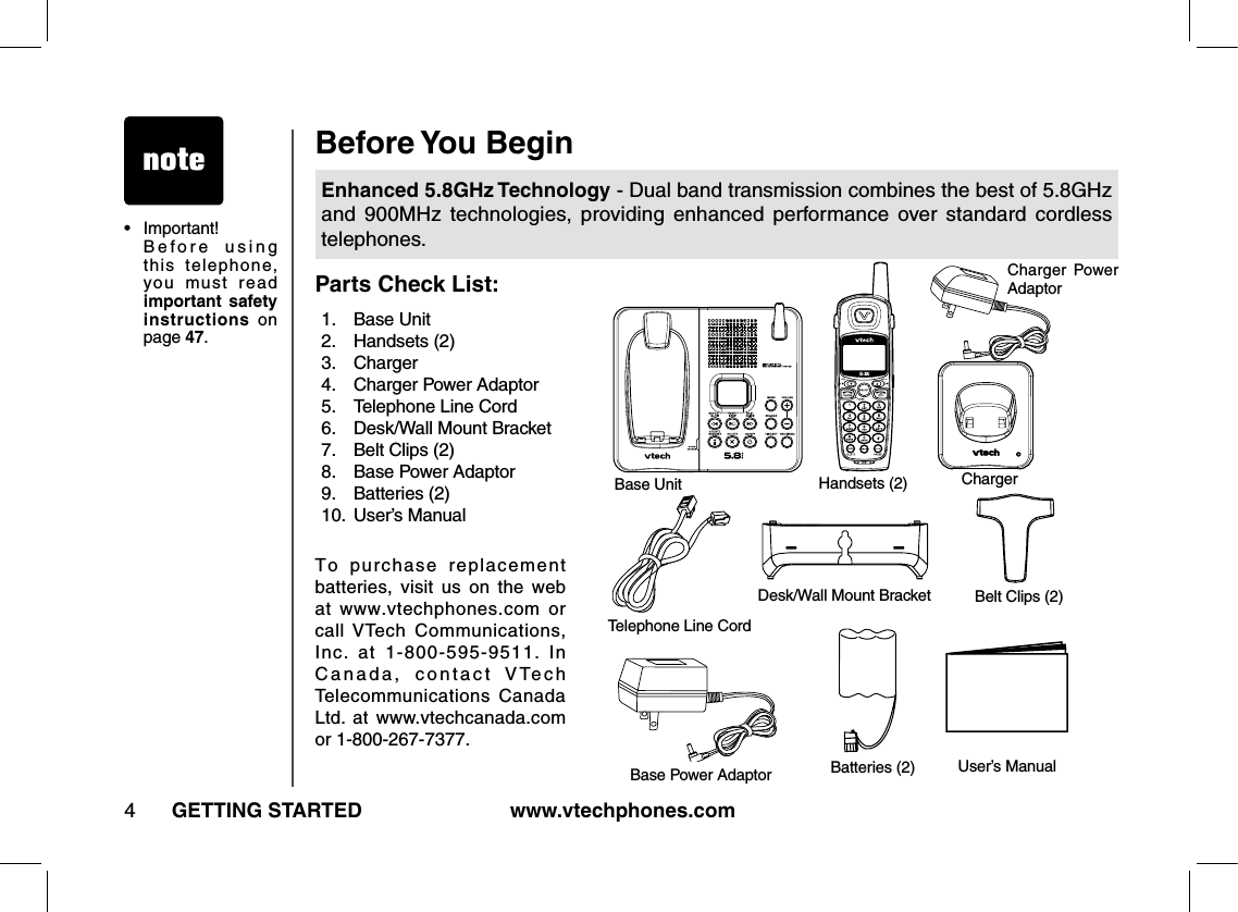 www.vtechphones.com4Before You BeginGETTING STARTEDEnhanced 5.8GHz Technology - Dual band transmission combines the best of 5.8GHz and  900MHz  technologies,  providing  enhanced  performance  over  standard  cordless telephones.1.  Base Unit                    2.  Handsets (2) 3.  Charger4.  Charger Power Adaptor               5.  Telephone Line Cord 6.  Desk/Wall Mount Bracket               7.  Belt Clips (2)                    8.  Base Power Adaptor9.   Batteries (2)10.  User’s ManualTo  purchase  replacement batteries,  visit  us  on  the  web at  www.vtechphones.com  or call VTech  Communications, Inc.  at  1-800-595-9511.  In Canada,  contact  VTech Telecommunications  Canada Ltd.  at  www.vtechcanada.com or 1-800-267-7377.Parts Check List:Base Unit  Handsets (2) ChargerBatteries (2) Belt Clips (2)Charger  Power AdaptorTelephone Line Cord Base Power AdaptorDesk/Wall Mount BracketUser’s Manual•  Important! B e f o r e   u s i n g this  telephone, you  must  read important  safety instructions  on page 47.