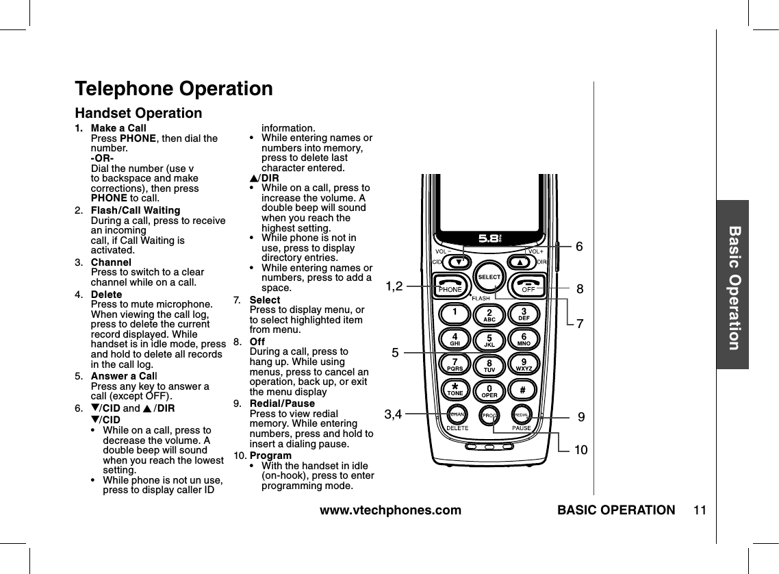 www.vtechphones.com 11Basic OperationBASIC OPERATIONTelephone OperationHandset Operation1.   Make a Call   Press PHONE, then dial the number. -OR-  Dial the number (use v to backspace and make corrections), then press PHONE to call.2.   Flash/Call Waiting During a call, press to receive an incoming  call, if Call Waiting is activated.3.  Channel  Press to switch to a clear channel while on a call.4.   Delete Press to mute microphone.  When viewing the call log, press to delete the current record displayed. While handset is in idle mode, press and hold to delete all records in the call log.5.   Answer a Call  Press any key to answer a call (except OFF).6.   /CID and   /DIR   /CID•   While on a call, press to decrease the volume. A double beep will sound when you reach the lowest setting.•   While phone is not un use, press to display caller ID information.•   While entering names or numbers into memory, press to delete last character entered./DIR•  While on a call, press to increase the volume. A double beep will sound when you reach the highest setting.•  While phone is not in use, press to display directory entries.•  While entering names or numbers, press to add a space. 7.   Select Press to display menu, or to select highlighted item from menu.8.  Off During a call, press to hang up. While using menus, press to cancel an operation, back up, or exit the menu display9.   Redial/Pause Press to view redial memory. While entering numbers, press and hold to insert a dialing pause.10. Program•  With the handset in idle (on-hook), press to enter programming mode.1,23,48791056
