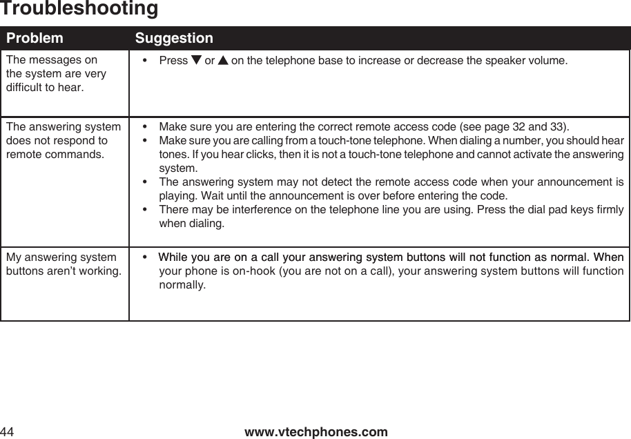 www.vtechphones.com44The messages on the system are very difcult to hear.•  Press   or  on the telephone base to increase or decrease the speaker volume.The answering system does not respond to remote commands.•  Make sure you are entering the correct remote access code (see page 32 and 33).•  Make sure you are calling from a touch-tone telephone. When dialing a number, you should hear tones. If you hear clicks, then it is not a touch-tone telephone and cannot activate the answering system.•  The answering system may not detect the remote access code when your announcement is playing. Wait until the announcement is over before entering the code.•  There may be interference on the telephone line you are using. Press the dial pad keys rmly when dialing.My answering system buttons aren’t working.•   While you are on a call your answering system buttons will not function as normal. WhenWhile you are on a call your answering system buttons will not function as normal. When your phone is on-hook (you are not on a call), your answering system buttons will function normally.TroubleshootingProblem Suggestion