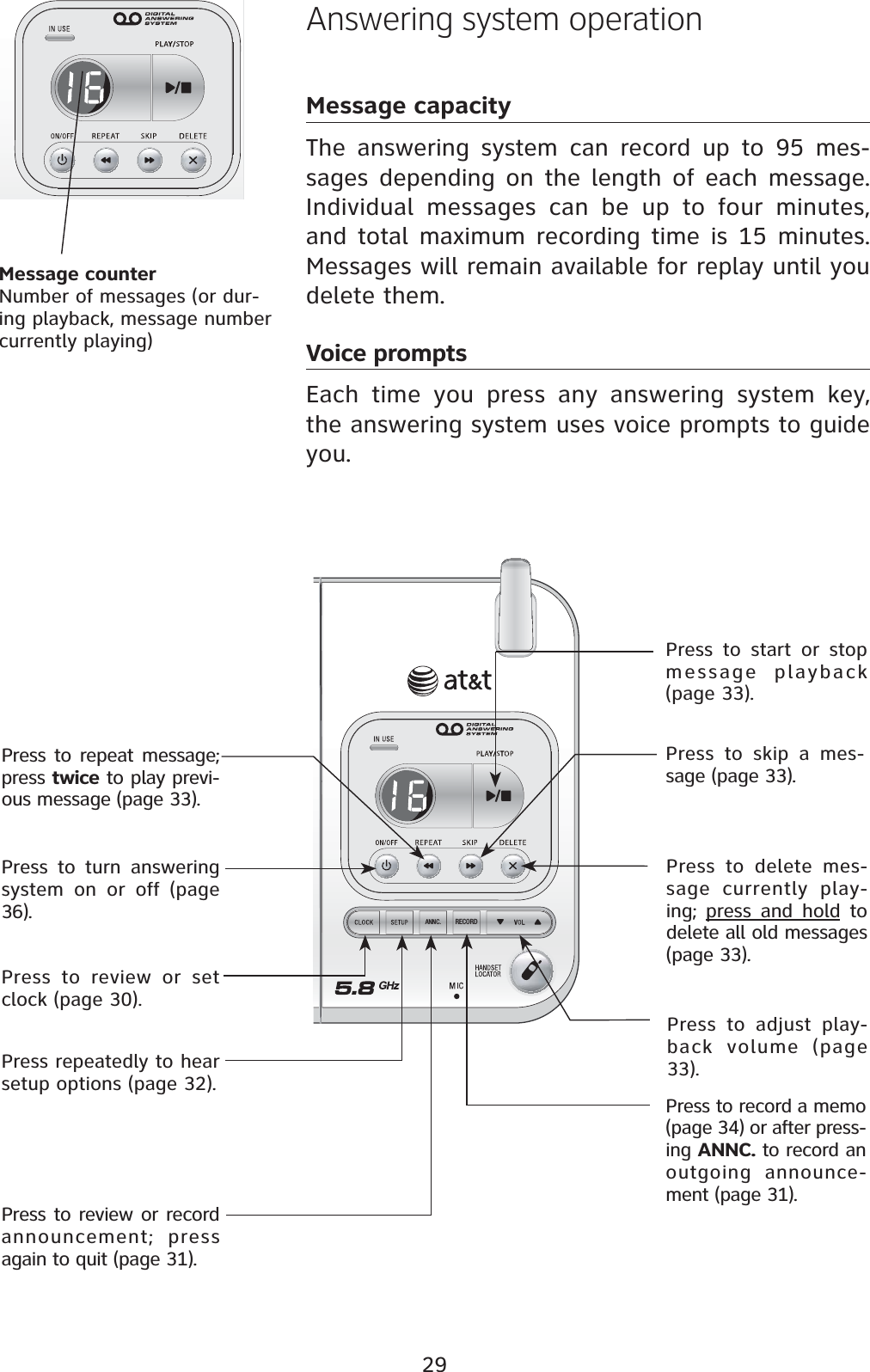 29Answering system operationMessage capacityThe answering system can record up to 95 mes-sages depending on the length of each message. Individual messages can be up to four minutes, and total maximum recording time is 15 minutes. Messages will remain available for replay until you delete them.Voice promptsEach time you press any answering system key, the answering system uses voice prompts to guide you.Message counterNumber of messages (or dur-ing playback, message number currently playing)Press repeatedly to hear setup options (page 32).Press to review or set clock (page 30).Press to review or record announcement; press again to quit (page 31).Press to turn answering system on or off (page 36).Press to delete mes-sage currently play-ing; press and hold to delete all old messages (page 33).Press to record a memo (page 34) or after press-ing ANNC. to record an outgoing announce-ment (page 31).Press to adjust play-back volume (page 33).Press to repeat message; press twice to play previ-ous message (page 33).Press to skip a mes-sage (page 33).Press to start or stop message playback (page 33).RECORDANNC.