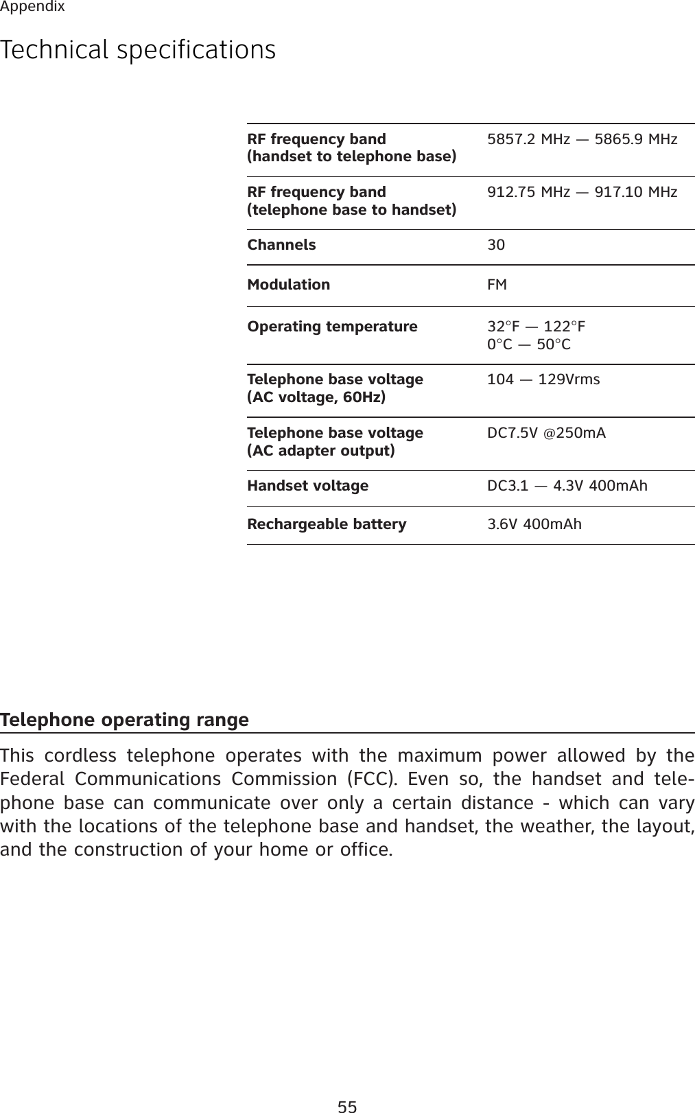 55AppendixTechnical specificationsRF frequency band(handset to telephone base)5857.2 MHz — 5865.9 MHzRF frequency band(telephone base to handset)912.75 MHė — 917.10 MHzChannels 30Operating temperature 32°F — 122°F0°C — 50°CTelephone base voltage(AC voltage, 60Hz)104 — 129VrmsTelephone base voltage(AC adapter output)DC7.5V @250mAHandset voltage DC3.1 — 4.3V 400mAhRechargeable battery 3.6V 400mAhModulation FMTelephone operating rangeThis cordless telephone operates with the maximum power allowed by the Federal Communications Commission (FCC). Even so, the handset and tele-phone base can communicate over only a certain distance - which can vary with the locations of the telephone base and handset, the weather, the layout, and the construction of your home or office.