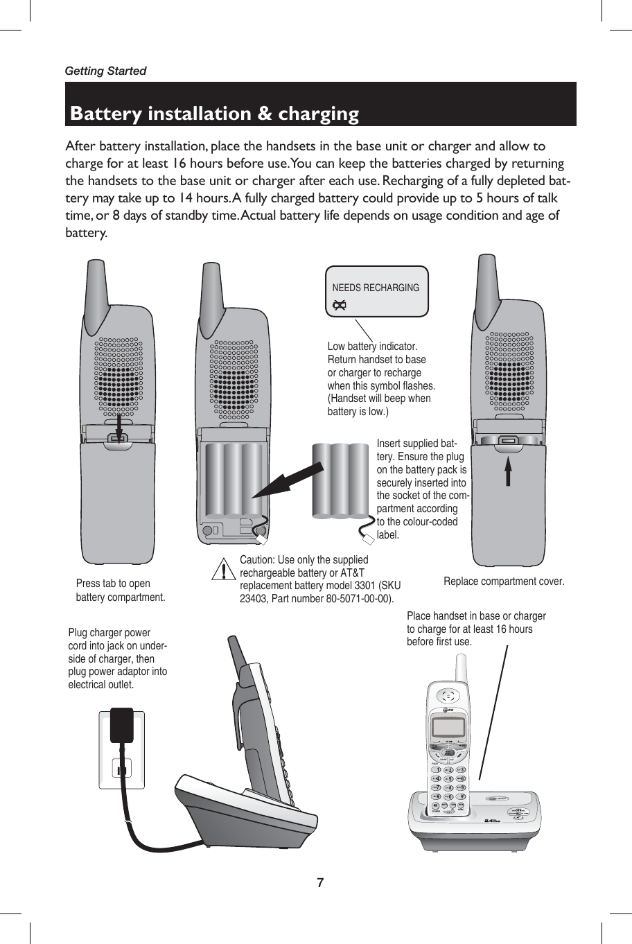 7Getting StartedBattery installation &amp; chargingAfter battery installation, place the handsets in the base unit or charger and allow to charge for at least 16 hours before use.You can keep the batteries charged by returning the handsets to the base unit or charger after each use. Recharging of a fully depleted bat-tery may take up to 14 hours. A fully charged battery could provide up to 5 hours of talk time, or 8 days of standby time. Actual battery life depends on usage condition and age of battery.Insert supplied bat-tery. Ensure the plug on the battery pack is securely inserted into the socket of the com-partment according to the colour-coded label.Place handset in base or charger to charge for at least 16 hours before first use.Plug charger power cord into jack on under-side of charger, then plug power adaptor into electrical outlet.Low battery indicator.Return handset to base or charger to recharge when this symbol flashes. (Handset will beep when battery is low.)Caution: Use only the supplied rechargeable battery or AT&amp;T    replacement battery model 3301 (SKU 23403, Part number 80-5071-00-00). Press tab to open battery compartment.Replace compartment cover.CHANMUTEREDIALNEEDS RECHARGING