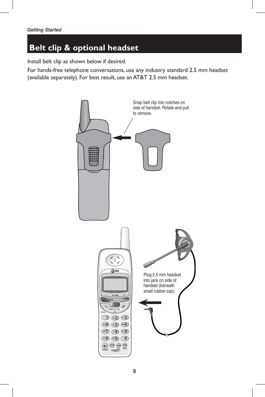 9Getting StartedBelt clip &amp; optional headsetInstall belt clip as shown below if desired.For hands-free telephone conversations, use any industry standard 2.5 mm headset (available separately). For best result, use an AT&amp;T 2.5 mm headset.Snap belt clip into notches on side of handset. Rotate and pull to remove.Plug 2.5 mm headset into jack on side of handset (beneath small rubber cap).CHANMUTEREDIAL