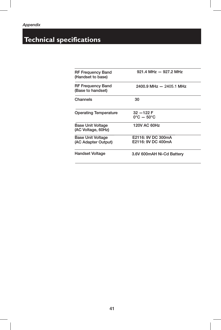 41AppendixTechnical specificationsRF Frequency Band(Handset to base)        921.4 MHz — 927.2 MHzRF Frequency Band(Base to handset)      2400.9 MHz — 2405.1 MHzChannels      30Operating Temperature      32 —122 F     0°C — 50°CBase Unit Voltage(AC Voltage, 60Hz)     120V AC 60HzBase Unit Voltage(AC Adapter Output)    E2116: 9V DC 300mA     E2116: 9V DC 400mAHandset Voltage    3.6V 600mAH Ni-Cd Battery