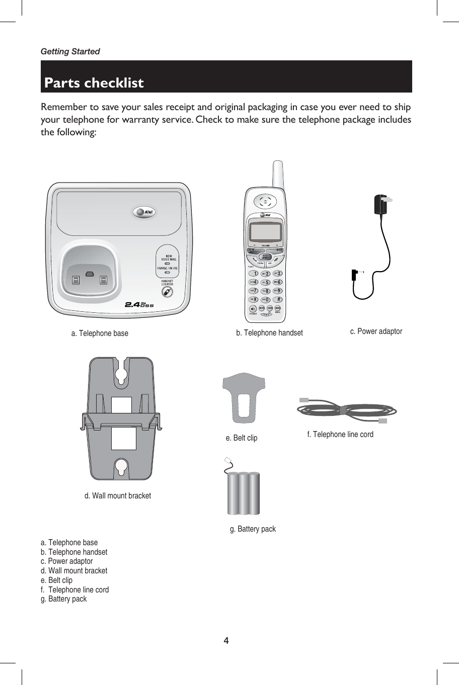 4Getting StartedParts checklistRemember to save your sales receipt and original packaging in case you ever need to ship your telephone for warranty service. Check to make sure the telephone package includes the following: a. Telephone base b. Telephone handset c. Power adaptore. Belt clip f. Telephone line cordd. Wall mount bracketCHANMUTEREDIALg. Battery packa. Telephone baseb. Telephone handsetc. Power adaptord. Wall mount brackete. Belt clipf.  Telephone line cordg. Battery pack