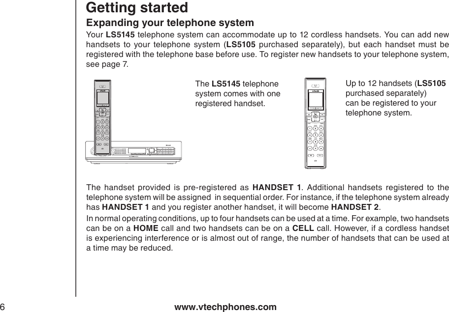 www.vtechphones.com6The  handset  provided  is  pre-registered  as  HANDSET  1.  Additional  handsets  registered  to  the telephone system will be assigned  in sequential order. For instance, if the telephone system already has HANDSET 1 and you register another handset, it will become HANDSET 2.In normal operating conditions, up to four handsets can be used at a time. For example, two handsets can be on a HOME call and two handsets can be on a CELL call. However, if a cordless handset is experiencing interference or is almost out of range, the number of handsets that can be used at a time may be reduced.The LS5145 telephone system comes with one registered handset.Up to 12 handsets (LS5105 purchased separately) can be registered to your telephone system.Expanding your telephone systemYour LS5145 telephone system can accommodate up to 12 cordless handsets. You can add new handsets  to  your  telephone  system  (LS5105  purchased  separately), but  each  handset  must  be registered with the telephone base before use. To register new handsets to your telephone system, see page 7.Getting started