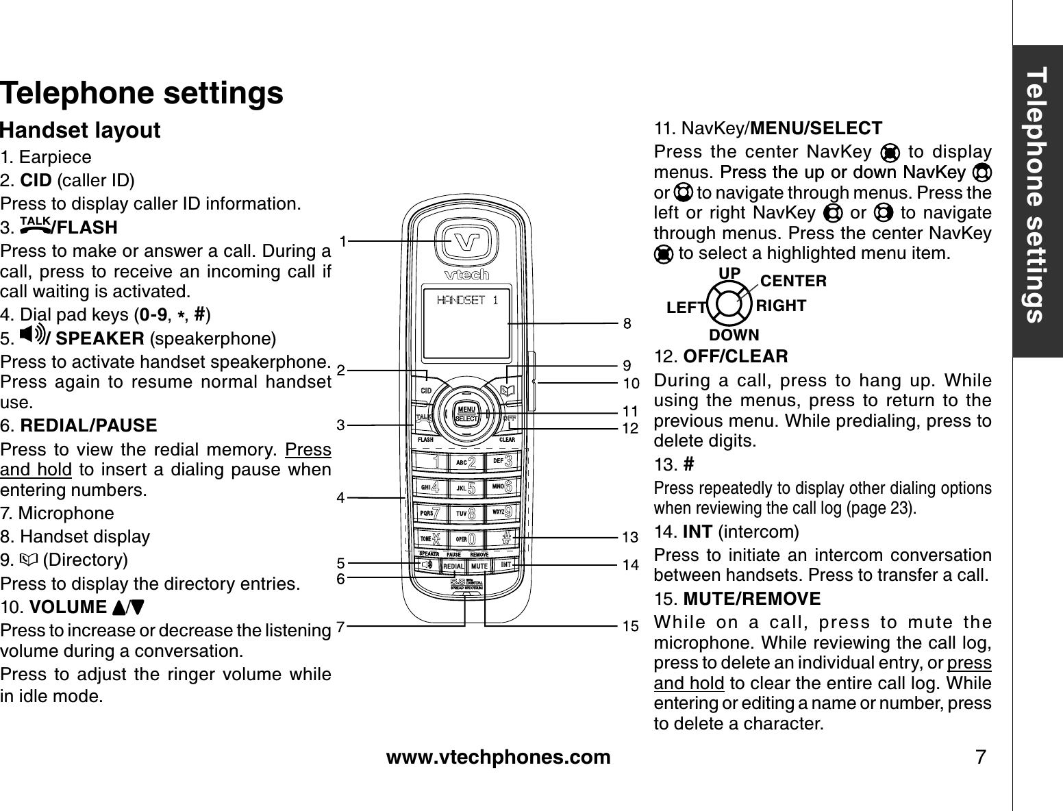 www.vtechphones.com 7Basic operationTelephone settingsTelephone settingsHandset layout1. Earpiece2. CID (caller ID) Press to display caller ID information.3.  /F LASHPress to make or answer a call. During a call, press  to  receive an incoming call  if call waiting is activated.4. Dial pad keys (0 -9,*,#)5.  / SPEAKER (speakerphone)Press to activate handset speakerphone. Press  again  to  resume  normal  handset use.6. REDIAL/PAUSEPress  to  view  the  redial  memory.  Press and hold  to  insert  a dialing  pause when entering numbers.7. Microphone8. Handset display9.   (Directory)Press to display the directory entries.10. VOLUME /Press to increase or decrease the listening volume during a conversation.Press  to  adjust  the  ringer  volume  while in idle mode.11. NavKey/MENU/SELECTPress  the  center  NavKey    to  display menus. Press the up or down NavKeyPress the up or down NavKey or   to navigate through menus. Press the left  or  right  NavKey    or    to  navigate through menus. Press the center NavKey  to select a highlighted menu item.12. OF F /CLEARDuring  a  call,  press  to  hang  up.  While using  the  menus,  press  to  return  to  the previous menu. While predialing, press to delete digits.13. #Press repeatedly to display other dialing options when reviewing the call log (page 23).14. INT (intercom)Press  to  initiate  an  intercom  conversation between handsets. Press to transfer a call.15. MUTE/REMOVEWhile  on  a  call,  press  to  mute  the microphone. While reviewing the call log, press to delete an individual entry, or press and hold to clear the entire call log. While entering or editing a name or number, press to delete a character.CENTERDOWNUPLEF T RIG HT