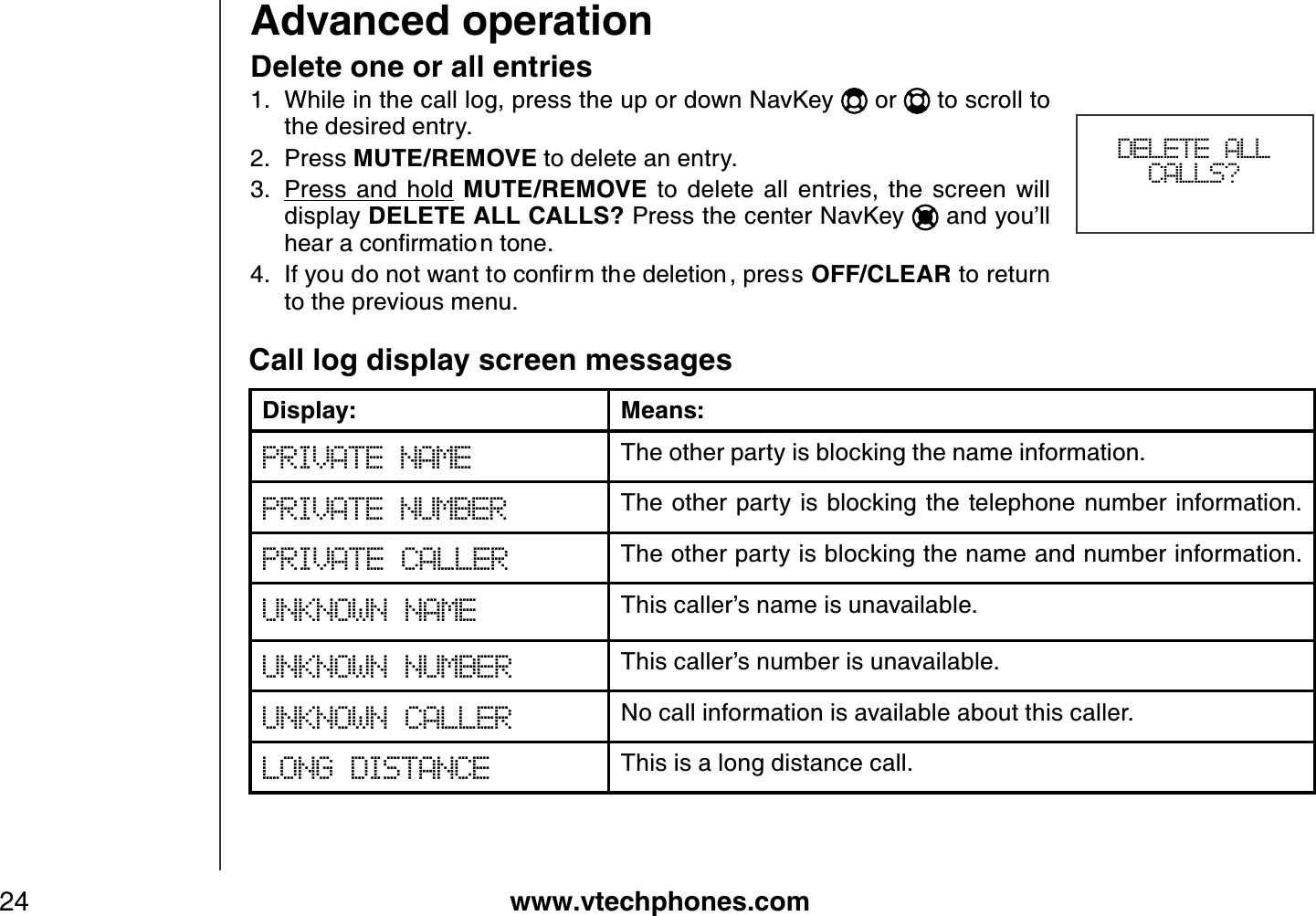 www.vtechphones.com24Advanced operationCall log display screen messagesDisplay: Means:PRIVATE NAME The other party is blocking the name information.PRIVATE NUMBER The other party is blocking the telephone number  information.PRIVATE CALLER The other party is blocking the name and number information. UNKNOWN NAME This caller’s name is unavailable. UNKNOWN NUMBER This caller’s number is unavailable.UNKNOWN CALLER No call information is available about this caller.LONG DISTANCE This is a long distance call. Delete one or all entriesWhile in the call log, press the up or down NavKey   or   to scroll to the desired entry.Press MUTE/REMOVE to delete an entry. Press  and  hold MUTE/REMOVE  to  delete  all  entries,  the  screen  will display DELETE ALL CALLS? Press the center NavKey   and you’ll JGCTCEQPſTOCVKQPVQPG+H[QWFQPQVYCPVVQEQPſTOVJGFGNGVKQP RTGUUOFF/CLEAR to return to the previous menu.1.2.3.4.DELETE ALL CALLS?