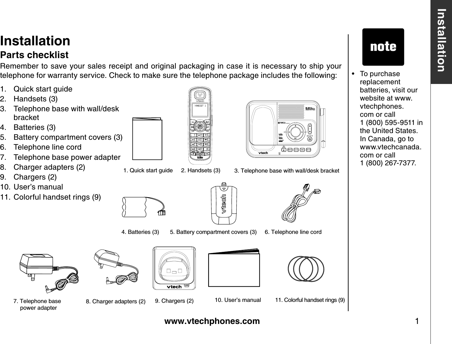 www.vtechphones.com 1Installation B asic operationInstallationP arts check listRemember to save your sales receipt and original packaging in case it is necessary to ship your telephone for warranty service. Check to make sure the telephone package includes the following: • To purchase replacement batteries, visit our website at www.vtechphones.com or call 1 (800) 595-9511 in the United States. In Canada, go to www.vtechcanada.com or call 1 (800) 267-7377.2. Handsets (3)10. User’s manual4. Batteries (3)3. Telephone base with wall/desk bracket9. Chargers (2)CH A R G E8. Charger adapters (2)6. Telephone line cord1. Quick start guide5. Battery compartment covers (3)Quick start guideHandsets (3)Telephone base with wall/desk   bracketBatteries (3)Battery compartment covers (3)Telephone line cordTelephone base power adapterCharger adapters (2)Chargers (2)User’s manualColorful handset rings (9)1.2.3.4.5.6.7.8.9.10.11.7. Telephone base power adapter11. Colorful handset rings (9)