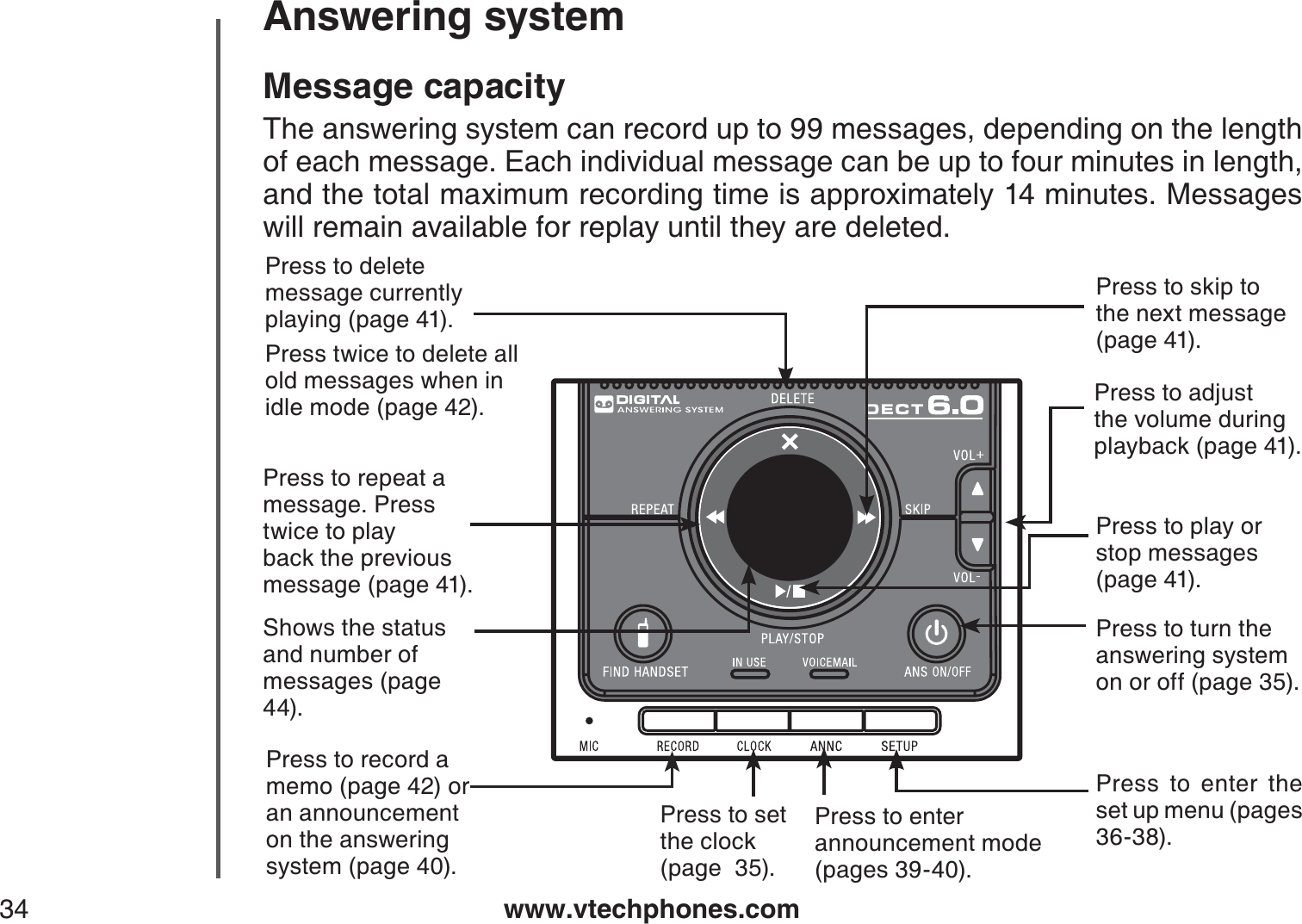 www.vtechphones.com34Message capacityThe answering system can record up to 99 messages, depending on the length of each message. Each individual message can be up to four minutes in length, and the total maximum recording time is approximately 14 minutes. Messages will remain available for replay until they are deleted.Press to play or stop messages (page 41).Press to repeat a message. Press twice to play back the previous message (page 41).Shows the status and number of messages (page 44).Press to record a memo (page 42) or an announcement on the answering system (page 40).Press to set the clock (page  35).Press to enter announcement mode (pages 39-40).Press to enter the  set up menu (pages 36-38).Press to turn the answering system on or off (page 35).Press to adjust the volume during playback (page 41).Press to skip to the next message (page 41).Press to delete message currently  playing (page 41). Press twice to delete all old messages when inidle mode (page 42).Answering system