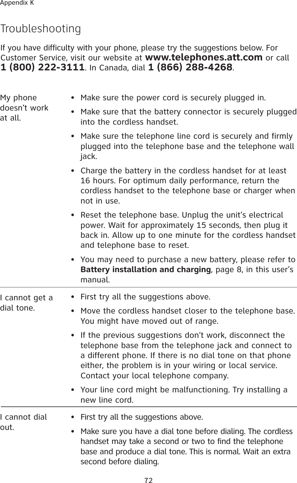 72Appendix KTroubleshootingIf you have difficulty with your phone, please try the suggestions below. For Customer Service, visit our website at www.telephones.att.com or call 1 (800) 222-3111. In Canada, dial 1 (866) 288-4268.My phone doesn’t work at all.• Make sure the power cord is securely plugged in.• Make sure that the battery connector is securely plugged into the cordless handset.•  Make sure the telephone line cord is securely and firmly plugged into the telephone base and the telephone wall jack.•  Charge the battery in the cordless handset for at least 16 hours. For optimum daily performance, return the cordless handset to the telephone base or charger when not in use.•  Reset the telephone base. Unplug the unit’s electrical power. Wait for approximately 15 seconds, then plug it back in. Allow up to one minute for the cordless handset and telephone base to reset.• You may need to purchase a new battery, please refer to Battery installation and charging, page 8, in this user’s manual.I cannot get a dial tone.• First try all the suggestions above.• Move the cordless handset closer to the telephone base. You might have moved out of range.•  If the previous suggestions don’t work, disconnect the telephone base from the telephone jack and connect to a different phone. If there is no dial tone on that phone either, the problem is in your wiring or local service. Contact your local telephone company.• Your line cord might be malfunctioning. Try installing a new line cord.I cannot dial out.•  First try all the suggestions above.•   Make sure you have a dial tone before dialing. The cordless handset may take a second or two to find the telephone base and produce a dial tone. This is normal. Wait an extra second before dialing.