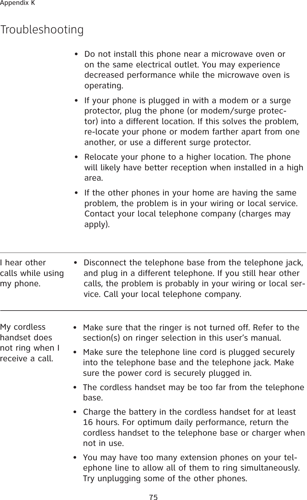 75Appendix KTroubleshooting•  Do not install this phone near a microwave oven or on the same electrical outlet. You may experience decreased performance while the microwave oven is operating.•  If your phone is plugged in with a modem or a surge protector, plug the phone (or modem/surge protec-tor) into a different location. If this solves the problem, re-locate your phone or modem farther apart from one another, or use a different surge protector.•  Relocate your phone to a higher location. The phone will likely have better reception when installed in a high area.•  If the other phones in your home are having the same problem, the problem is in your wiring or local service. Contact your local telephone company (charges may apply).I hear other calls while using my phone.• Disconnect the telephone base from the telephone jack, and plug in a different telephone. If you still hear other calls, the problem is probably in your wiring or local ser-vice. Call your local telephone company.•  Make sure that the ringer is not turned off. Refer to the section(s) on ringer selection in this user’s manual.•  Make sure the telephone line cord is plugged securely into the telephone base and the telephone jack. Make sure the power cord is securely plugged in.• The cordless handset may be too far from the telephone base.•  Charge the battery in the cordless handset for at least 16 hours. For optimum daily performance, return the cordless handset to the telephone base or charger when not in use.•  You may have too many extension phones on your tel-ephone line to allow all of them to ring simultaneously. Try unplugging some of the other phones.My cordless handset does not ring when I receive a call.