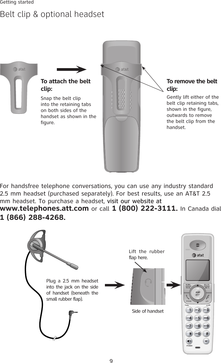 9Getting startedBelt clip &amp; optional headsetFor handsfree telephone conversations, you can use any industry standard 2.5 mm headset (purchased separately). For best results, use an AT&amp;T 2.5 mm headset. To purchase a headset, visit our website atvisit our website at  www.telephones.att.com or call 1 (800) 222-3111. In Canada dial  1 (866) 288-4268.Lift  the  rubber flap here. Side of handsetPlug a  2.5  mm headset into the jack on the side of handset  (beneath the small rubber flap).To attach the belt clip:Snap the belt clip into the retaining tabs on both sides of the handset as shown in the figure.To remove the belt clip:Gently lift either of the belt clip retaining tabs, shown in the figure, outwards to remove the belt clip from the handset.