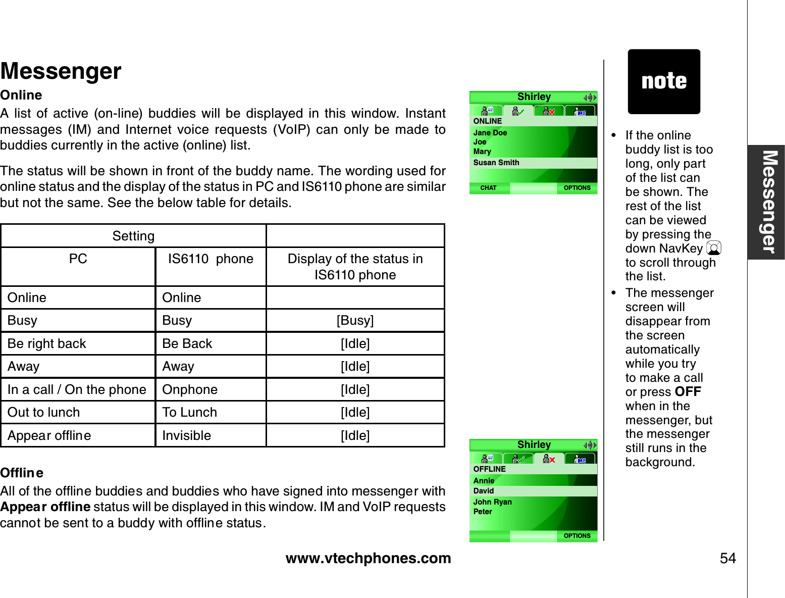 www.vtechphones.com 54MessengerMessengerOnlineA  list  of  active  (on-line)  buddies  will  be  displayed  in  this  window.  Instant messages  (IM)  and  Internet  voice  requests  (VoIP)  can  only  be  made  to buddies currently in the active (online) list.The status will be shown in front of the buddy name. The wording used for online status and the display of the status in PC and IS6110 phone are similar but not the same. See the below table for details.SettingPC IS6110  phone Display of the status in IS6110 phoneOnline OnlineBusy Busy [Busy]Be right back Be Back [Idle]Away Away [Idle]In a call / On the phone Onphone [Idle]Out to lunch To Lunch [Idle]#RRGCTQHƀKPG Invisible [Idle]1HƀKPG#NNQHVJGQHƀKPGDWFFKGUCPFDWFFKGUYJQJCXGUKIPGFKPVQOGUUGPIGTYKVJ#RRGCTQHƀKPG status will be displayed in this window. IM and VoIP requests ECPPQVDGUGPVVQCDWFF[YKVJQHƀKPGUVCVWUIf the online buddy list is too long, only part of the list can be shown. The rest of the list can be viewed by pressing the down NavKey to scroll through the list.The messenger screen will disappear from the screen automatically while you try to make a call or press OFFwhen in the messenger, but the messenger still runs in the background.••ShirleyONLINEOPTIONSCHATJane DoeJoeMarySusan SmithShirleyOFFLINEOPTIONSAnnieDavidJohn RyanPeter