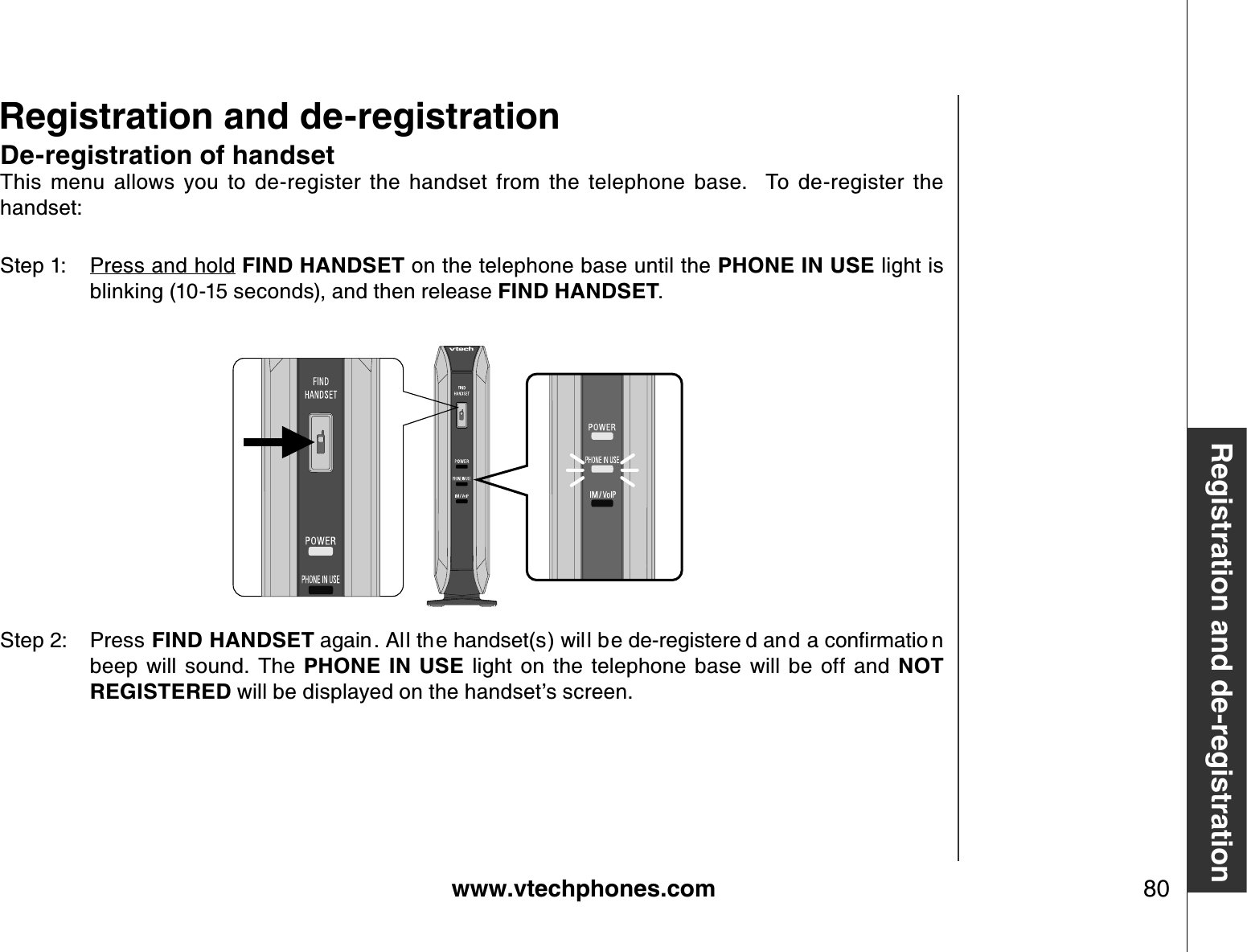 www.vtechphones.com 80Registration and de-registrationDe-registration of handsetThis  menu  allows  you  to  de-register  the  handset  from  the  telephone  base.    To  de-register  the handset:Step 1: Press and hold FIND HANDSET on the telephone base until the PHONE IN USE light is blinking (10-15 seconds), and then release FIND HANDSET.Step 2: Press FIND HANDSETCICKP#NNVJGJCPFUGVUYKNNDGFGTGIKUVGTG FCPFCEQPſTOCVKQ Pbeep  will  sound.  The  PHONE  IN  USE  light  on  the  telephone  base  will  be  off  and  NOT REGISTERED will be displayed on the handset’s screen.Registration and de-registration