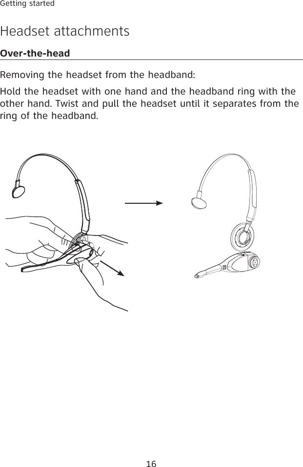 16Getting startedHeadset attachmentsOver-the-headRemoving the headset from the headband:Hold the headset with one hand and the headband ring with the other hand. Twist and pull the headset until it separates from the ring of the headband. 