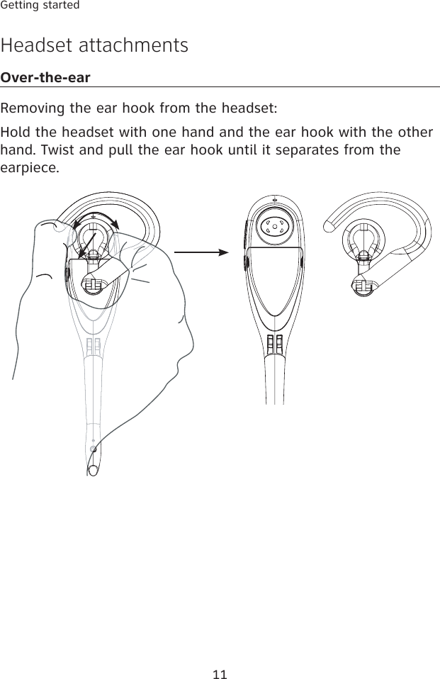 11Getting startedHeadset attachmentsOver-the-earRemoving the ear hook from the headset:Hold the headset with one hand and the ear hook with the other hand. Twist and pull the ear hook until it separates from the earpiece. 