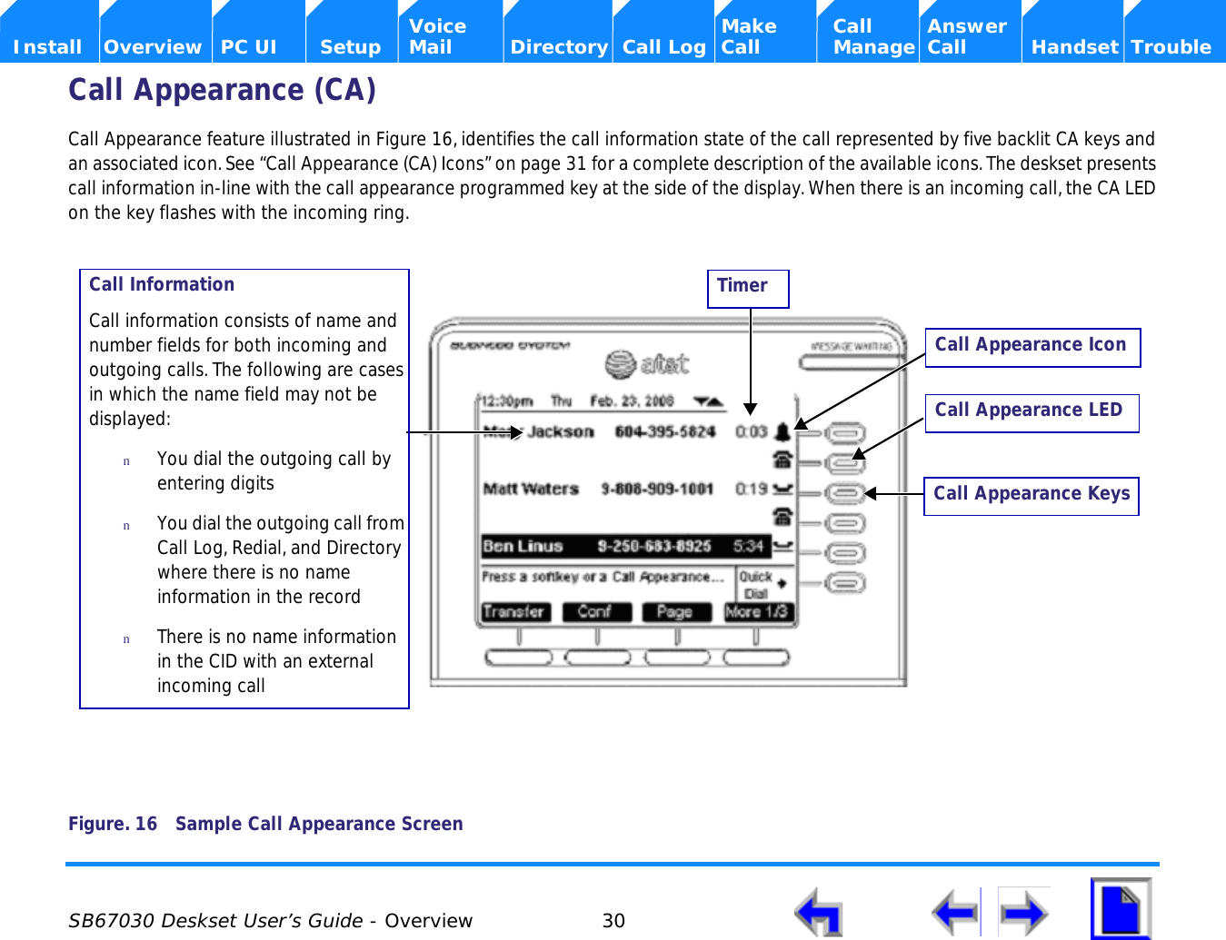 Voice Make Call Answer  Install Overview PC UI Setup Mail Directory Call Log Call Manage Call Handset  Trouble SB67030 Deskset User’s Guide - Overview 30    Call Appearance (CA)Call Appearance feature illustrated in Figure 16, identifies the call information state of the call represented by five backlit CA keys and an associated icon. See “Call Appearance (CA) Icons” on page 31 for a complete description of the available icons. The deskset presents call information in-line with the call appearance programmed key at the side of the display. When there is an incoming call, the CA LED on the key flashes with the incoming ring. Figure. 16 Sample Call Appearance ScreenTimerCall InformationCall information consists of name and number fields for both incoming and outgoing calls. The following are cases in which the name field may not be displayed:nYou dial the outgoing call by entering digits nYou dial the outgoing call from Call Log, Redial, and Directory where there is no name information in the record nThere is no name information in the CID with an external incoming callCall Appearance IconCall Appearance LEDCall Appearance Keys 