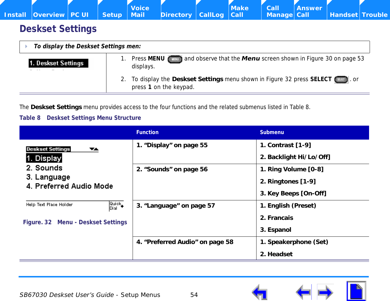  SB67030 Deskset User’s Guide - Setup Menus 54    Voice Make Call Answer  Install Overview PC UI Setup Mail Directory CallLog Call Manage Call Handset TroubleDeskset SettingsThe Deskset Settings menu provides access to the four functions and the related submenus listed in Table 8.To display the Deskset Settings men:1. Press MENU   and observe that the Menu screen shown in Figure 30 on page 53 displays.2. To display the Deskset Settings menu shown in Figure 32 press SELECT  . or press 1 on the keypad.Table 8  Deskset Settings Menu StructureFunction  Submenu1. “Display” on page 55 1. Contrast [1-9]2. Backlight Hi/Lo/Off]2. “Sounds” on page 56 1. Ring Volume [0-8]2. Ringtones [1-9]3. Key Beeps [On-Off]3. “Language” on page 57 1. English (Preset)2. Francais3. Espanol4. “Preferred Audio” on page 58 1. Speakerphone (Set)2. HeadsetFigure. 32 Menu - Deskset Settings