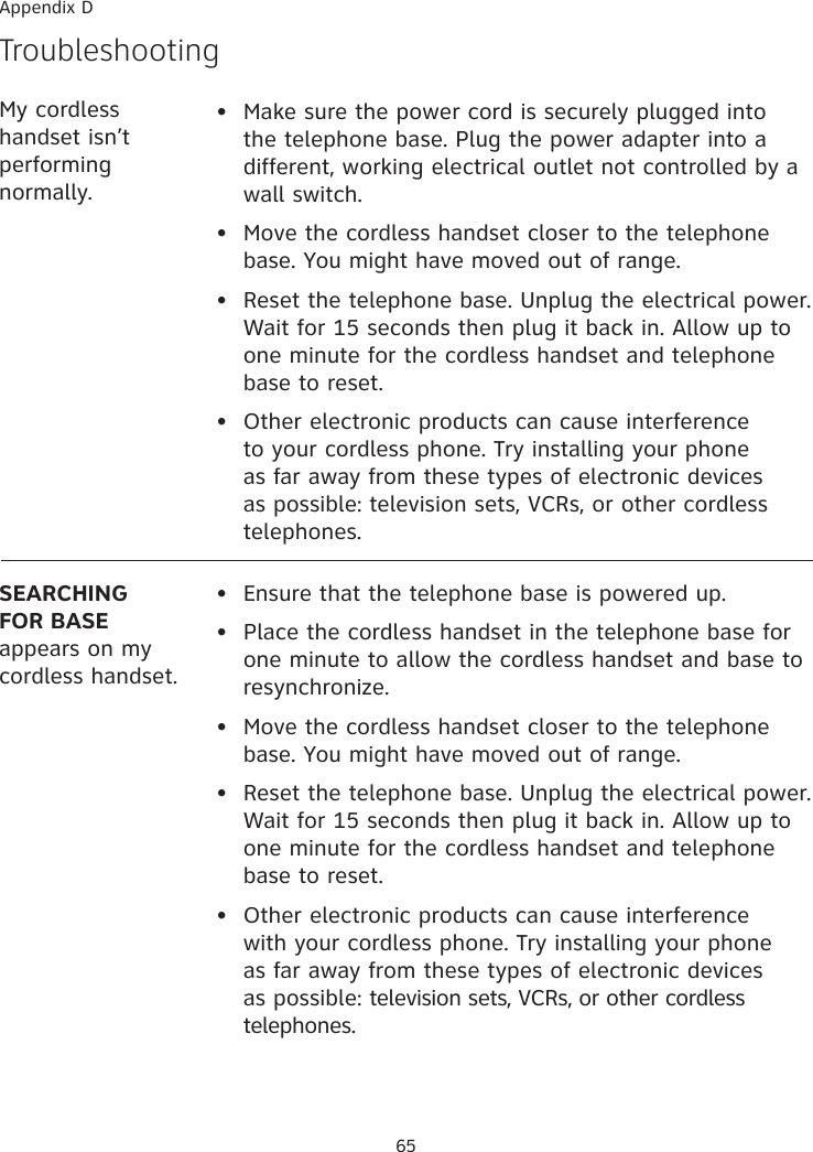65TroubleshootingSEARCHING FOR BASEappears on my cordless handset.•  Ensure that the telephone base is powered up.•  Place the cordless handset in the telephone base for one minute to allow the cordless handset and base to resynchronize.•  Move the cordless handset closer to the telephone base. You might have moved out of range.•  Reset the telephone base. Unplug the electrical power. Wait for 15 seconds then plug it back in. Allow up to one minute for the cordless handset and telephone base to reset.•  Other electronic products can cause interference with your cordless phone. Try installing your phone as far away from these types of electronic devices as possible: television sets, VCRs, or other cordless telephones.Appendix DMy cordless handset isn’t performing normally.•  Make sure the power cord is securely plugged into the telephone base. Plug the power adapter into a different, working electrical outlet not controlled by a wall switch.•  Move the cordless handset closer to the telephone base. You might have moved out of range.•  Reset the telephone base. Unplug the electrical power. Wait for 15 seconds then plug it back in. Allow up to one minute for the cordless handset and telephone base to reset.•  Other electronic products can cause interference to your cordless phone. Try installing your phone as far away from these types of electronic devices as possible: television sets, VCRs, or other cordless telephones.