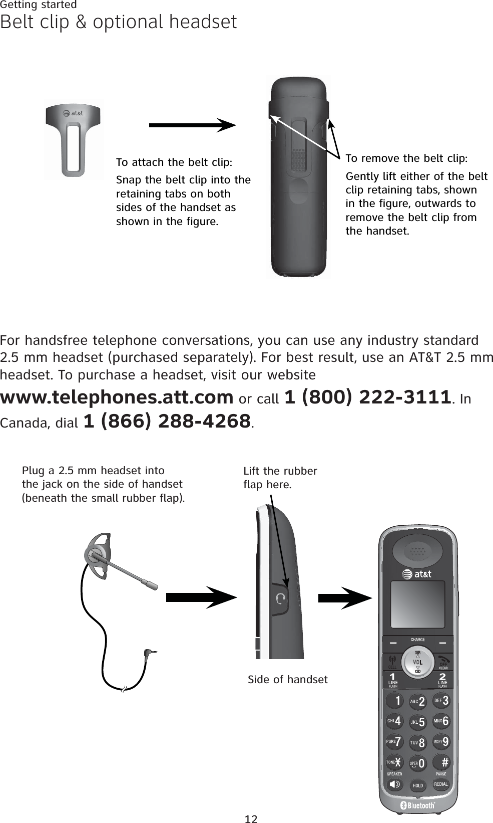 12Getting startedBelt clip &amp; optional headsetFor handsfree telephone conversations, you can use any industry standard 2.5 mm headset (purchased separately). For best result, use an AT&amp;T 2.5 mm headset. To purchase a headset, visit our website www.telephones.att.com or call 1 (800) 222-3111. In Canada, dial 1 (866) 288-4268.Plug a 2.5 mm headset into the jack on the side of handset (beneath the small rubber flap).Lift the rubber flap here.Side of handsetTo attach the belt clip:Snap the belt clip into the retaining tabs on both sides of the handset as shown in the figure.To remove the belt clip:Gently lift either of the belt clip retaining tabs, shown in the figure, outwards to remove the belt clip from the handset.