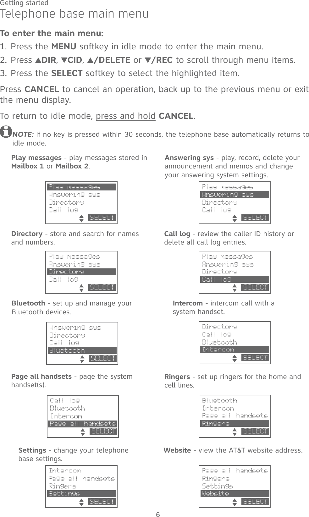 6Getting startedPlay messagesAnswering sysDirectoryCall log            SELECTTelephone base main menuTo enter the main menu:Press the MENU softkey in idle mode to enter the main menu.Press  DIR,  CID,  /DELETE or /REC to scroll through menu items.Press the SELECT softkey to select the highlighted item.Press CANCEL to cancel an operation, back up to the previous menu or exit the menu display.To return to idle mode, press and hold CANCEL.NOTE: If no key is pressed within 30 seconds, the telephone base automatically returns to idle mode.1.2.3.Play messagesAnswering sysDirectoryCall log            SELECTAnswering sysDirectoryCall logBluetooth            SELECTCall log BluetoothIntercomPage all handsets         SELECTDirectoryCall logBluetoothIntercom            SELECTBluetoothIntercomPage all handsetsRingers            SELECTIntercomPage all handsetsRingersSettings     SELECTPage all handsetsRingersSettingsWebsite            SELECTPlay messagesAnswering sysDirectoryCall log            SELECTPlay messagesAnswering sysDirectoryCall log            SELECTPlay messages - play messages stored in Mailbox 1 or Mailbox 2.Answering sys - play, record, delete your announcement and memos and change your answering system settings.Directory - store and search for names and numbers.Call log - review the caller ID history or delete all call log entries.Intercom - intercom call with a system handset.Ringers - set up ringers for the home and cell lines.Settings - change your telephone base settings.Website - view the AT&amp;T website address.Bluetooth - set up and manage your Bluetooth devices.Page all handsets - page the system handset(s).