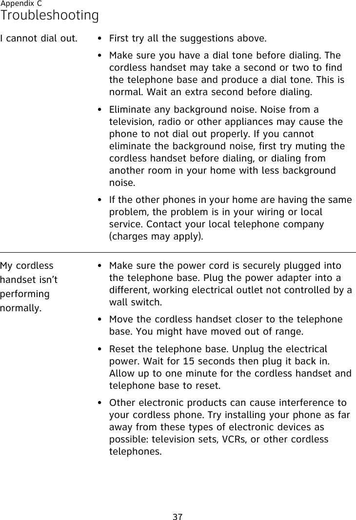 Appendix C37TroubleshootingI cannot dial out. • First try all the suggestions above.• Make sure you have a dial tone before dialing. The cordless handset may take a second or two to find the telephone base and produce a dial tone. This is normal. Wait an extra second before dialing.• Eliminate any background noise. Noise from a television, radio or other appliances may cause the phone to not dial out properly. If you cannot eliminate the background noise, first try muting the cordless handset before dialing, or dialing from another room in your home with less background noise.• If the other phones in your home are having the same problem, the problem is in your wiring or local service. Contact your local telephone company (charges may apply).My cordless handset isn’t performing normally.• Make sure the power cord is securely plugged into the telephone base. Plug the power adapter into a different, working electrical outlet not controlled by a wall switch.• Move the cordless handset closer to the telephone base. You might have moved out of range.• Reset the telephone base. Unplug the electrical power. Wait for 15 seconds then plug it back in. Allow up to one minute for the cordless handset and telephone base to reset.• Other electronic products can cause interference to your cordless phone. Try installing your phone as far away from these types of electronic devices as possible: television sets, VCRs, or other cordless telephones.