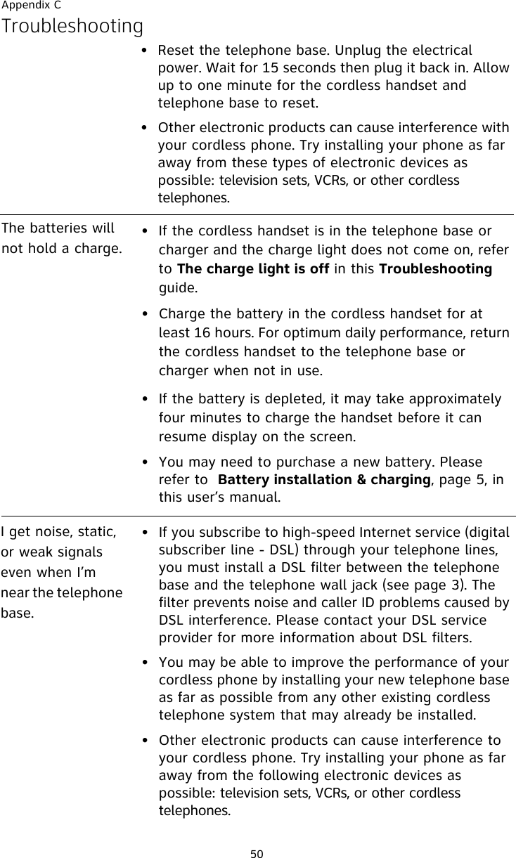 Appendix C50Troubleshooting• Reset the telephone base. Unplug the electrical power. Wait for 15 seconds then plug it back in. Allow up to one minute for the cordless handset and telephone base to reset.• Other electronic products can cause interference with your cordless phone. Try installing your phone as far away from these types of electronic devices as possible: television sets, VCRs, or other cordless telephones.The batteries will not hold a charge.• If the cordless handset is in the telephone base or charger and the charge light does not come on, refer to The charge light is off in this Troubleshooting guide.• Charge the battery in the cordless handset for at least 16 hours. For optimum daily performance, return the cordless handset to the telephone base or charger when not in use.• If the battery is depleted, it may take approximately four minutes to charge the handset before it can resume display on the screen.• You may need to purchase a new battery. Please refer to  Battery installation &amp; charging, page 5, in this user’s manual.I get noise, static, or weak signals even when I’m near the telephone base.• If you subscribe to high-speed Internet service (digital subscriber line - DSL) through your telephone lines, you must install a DSL filter between the telephone base and the telephone wall jack (see page 3). The filter prevents noise and caller ID problems caused by DSL interference. Please contact your DSL service provider for more information about DSL filters.• You may be able to improve the performance of your cordless phone by installing your new telephone base as far as possible from any other existing cordless telephone system that may already be installed.• Other electronic products can cause interference to your cordless phone. Try installing your phone as far away from the following electronic devices as possible: television sets, VCRs, or other cordless telephones.