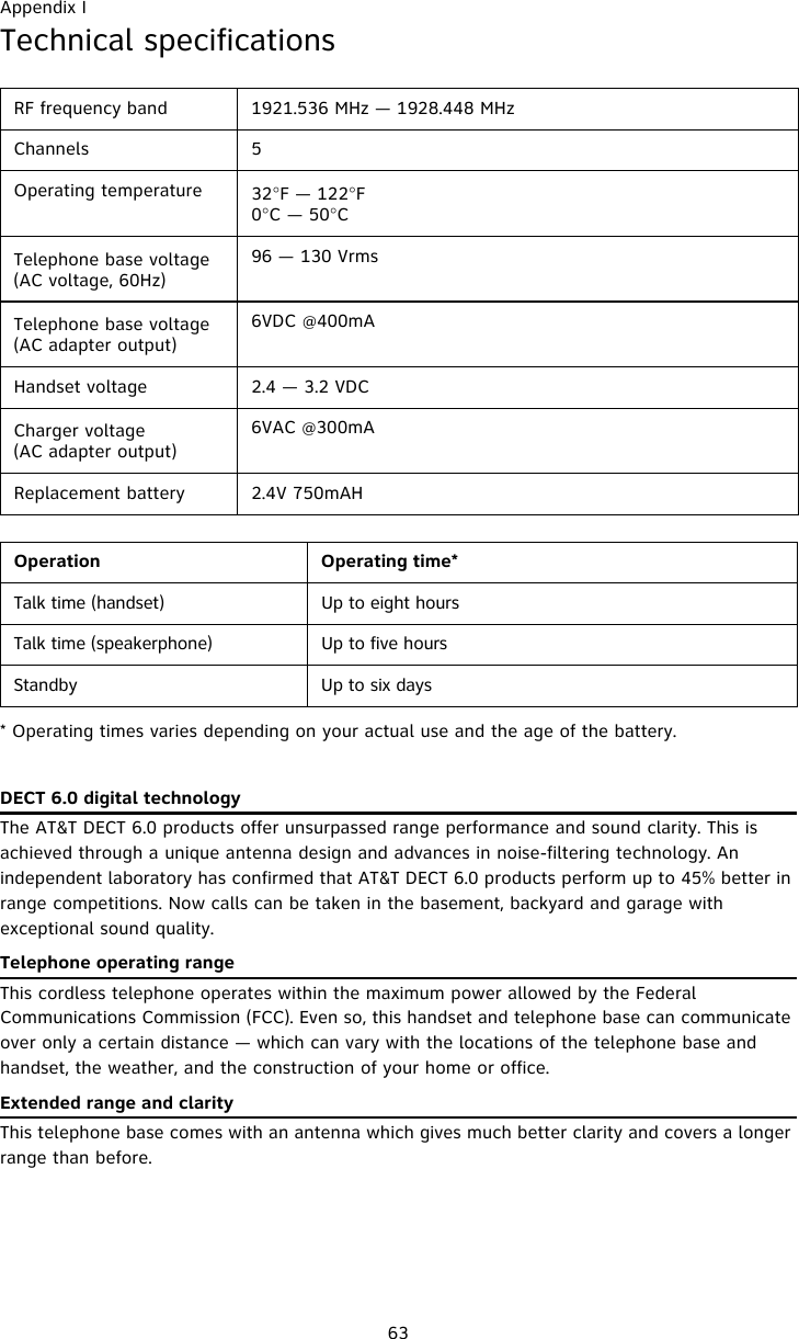 Appendix I63Technical specifications* Operating times varies depending on your actual use and the age of the battery.DECT 6.0 digital technologyThe AT&amp;T DECT 6.0 products offer unsurpassed range performance and sound clarity. This is achieved through a unique antenna design and advances in noise-filtering technology. An independent laboratory has confirmed that AT&amp;T DECT 6.0 products perform up to 45% better in range competitions. Now calls can be taken in the basement, backyard and garage with exceptional sound quality.  Telephone operating rangeThis cordless telephone operates within the maximum power allowed by the Federal Communications Commission (FCC). Even so, this handset and telephone base can communicate over only a certain distance — which can vary with the locations of the telephone base and handset, the weather, and the construction of your home or office. Extended range and clarityThis telephone base comes with an antenna which gives much better clarity and covers a longer range than before.RF frequency band 1921.536 MHz — 1928.448 MHzChannels 5Operating temperature 32°F — 122°F0°C — 50°CTelephone base voltage(AC voltage, 60Hz)96 — 130 VrmsTelephone base voltage(AC adapter output)6VDC @400mAHandset voltage 2.4 — 3.2 VDCCharger voltage(AC adapter output)6VAC @300mAReplacement battery 2.4V 750mAHOperation Operating time*Talk time (handset) Up to eight hoursTalk time (speakerphone) Up to five hoursStandby Up to six days