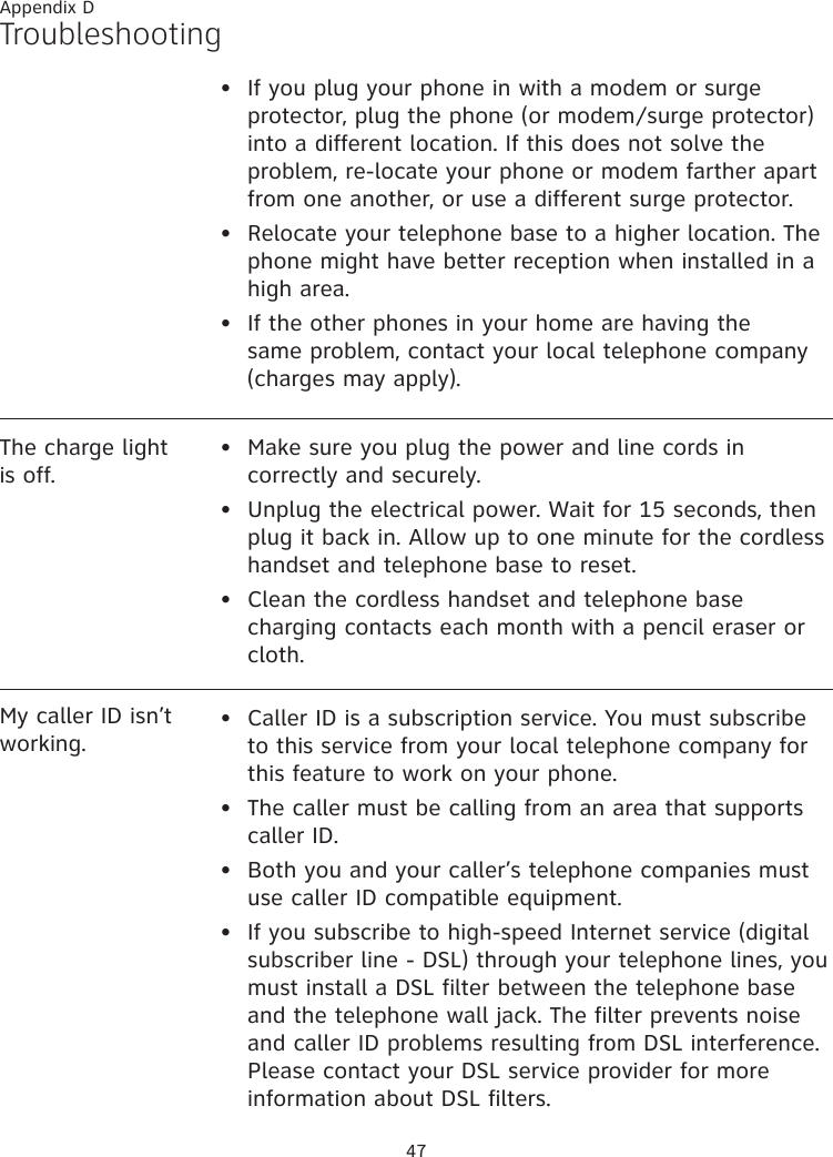 47Appendix DTroubleshootingIf you plug your phone in with a modem or surge protector, plug the phone (or modem/surge protector) into a different location. If this does not solve the problem, re-locate your phone or modem farther apart from one another, or use a different surge protector.Relocate your telephone base to a higher location. The phone might have better reception when installed in a high area.If the other phones in your home are having the same problem, contact your local telephone company (charges may apply).•••The charge light is off.Make sure you plug the power and line cords in correctly and securely.Unplug the electrical power. Wait for 15 seconds, then plug it back in. Allow up to one minute for the cordless handset and telephone base to reset.Clean the cordless handset and telephone base charging contacts each month with a pencil eraser or cloth.•••My caller ID isn’t working.Caller ID is a subscription service. You must subscribe to this service from your local telephone company for this feature to work on your phone.The caller must be calling from an area that supports caller ID.Both you and your caller’s telephone companies must use caller ID compatible equipment.If you subscribe to high-speed Internet service (digital subscriber line - DSL) through your telephone lines, you must install a DSL filter between the telephone base and the telephone wall jack. The filter prevents noise and caller ID problems resulting from DSL interference. Please contact your DSL service provider for more information about DSL filters.••••