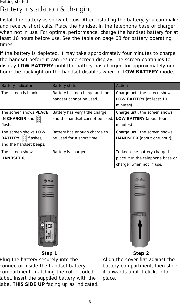 Getting started6Battery installation &amp; chargingInstall the battery as shown below. After installing the battery, you can make and receive short calls. Place the handset in the telephone base or charger when not in use. For optimal performance, charge the handset battery for at least 16 hours before use. See the table on page 68 for battery operating times. If the battery is depleted, it may take approximately four minutes to charge the handset before it can resume screen display. The screen continues to display LOW BATTERY until the battery has charged for approximately one hour; the backlight on the handset disables when in LOW BATTERY mode. Battery indicators Battery status ActionThe screen is blank. Battery has no charge and the handset cannot be used.Charge until the screen shows LOW BATTERY (at least 10 minutes)The screen shows PLACE IN CHARGER and      flashes.Battery has very little charge and the handset cannot be used.Charge until the screen shows LOW BATTERY (about four minutes).The screen shows LOW BATTERY,      flashes, and the handset beeps.Battery has enough charge to be used for a short time.Charge until the screen shows HANDSET X (about one hour).The screen shows HANDSET X.Battery is charged. To keep the battery charged, place it in the telephone base or charger when not in use.Step 1Plug the battery securely into the connector inside the handset battery compartment, matching the color-coded label. Insert the supplied battery with the label THIS SIDE UP facing up as indicated.Step 2Align the cover flat against the battery compartment, then slide it upwards until it clicks into place.