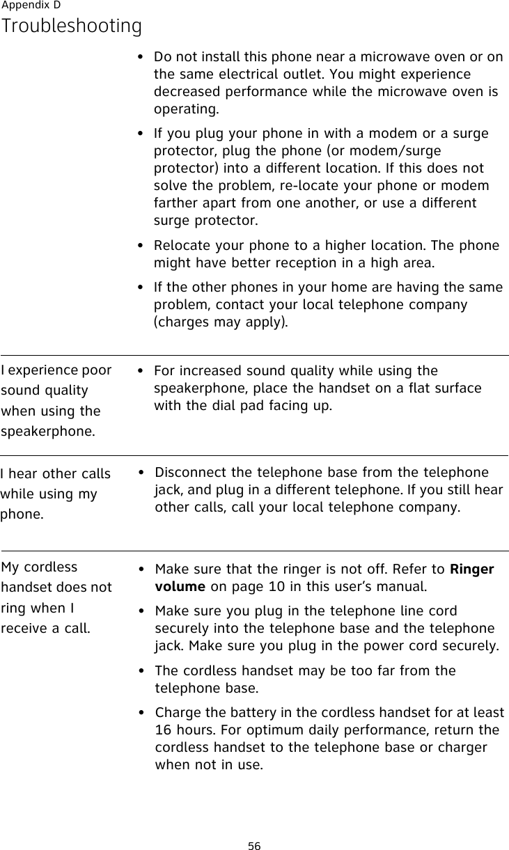 Appendix D56Troubleshooting• Do not install this phone near a microwave oven or on the same electrical outlet. You might experience decreased performance while the microwave oven is operating.• If you plug your phone in with a modem or a surge protector, plug the phone (or modem/surge protector) into a different location. If this does not solve the problem, re-locate your phone or modem farther apart from one another, or use a different surge protector.• Relocate your phone to a higher location. The phone might have better reception in a high area.• If the other phones in your home are having the same problem, contact your local telephone company (charges may apply).I experience poor sound quality when using the speakerphone. • For increased sound quality while using the speakerphone, place the handset on a flat surface with the dial pad facing up. I hear other calls while using my phone.• Disconnect the telephone base from the telephone jack, and plug in a different telephone. If you still hear other calls, call your local telephone company.My cordless handset does not ring when I receive a call.• Make sure that the ringer is not off. Refer to Ringer volume on page 10 in this user’s manual.• Make sure you plug in the telephone line cord securely into the telephone base and the telephone jack. Make sure you plug in the power cord securely.• The cordless handset may be too far from the telephone base.• Charge the battery in the cordless handset for at least 16 hours. For optimum daily performance, return the cordless handset to the telephone base or charger when not in use.