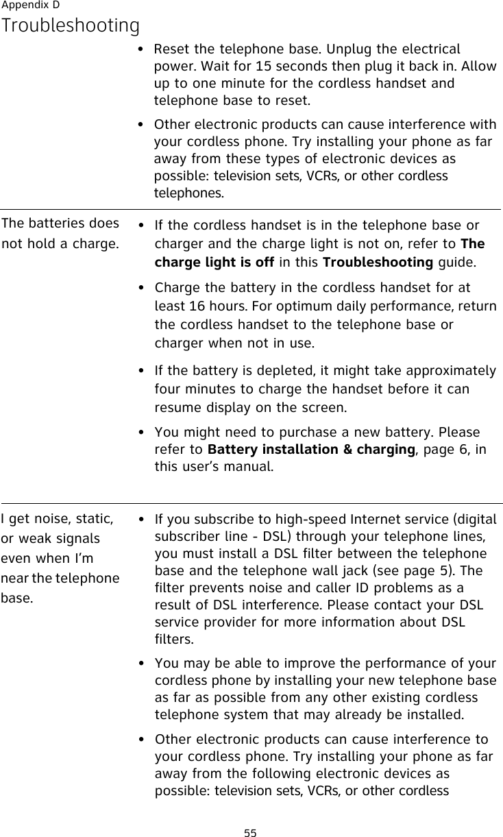 Appendix D55Troubleshooting• Reset the telephone base. Unplug the electrical power. Wait for 15 seconds then plug it back in. Allow up to one minute for the cordless handset and telephone base to reset.• Other electronic products can cause interference with your cordless phone. Try installing your phone as far away from these types of electronic devices as possible: television sets, VCRs, or other cordless telephones.The batteries does not hold a charge.• If the cordless handset is in the telephone base or charger and the charge light is not on, refer to The charge light is off in this Troubleshooting guide.• Charge the battery in the cordless handset for at least 16 hours. For optimum daily performance, return the cordless handset to the telephone base or charger when not in use.• If the battery is depleted, it might take approximately four minutes to charge the handset before it can resume display on the screen.• You might need to purchase a new battery. Please refer to Battery installation &amp; charging, page 6, in this user’s manual.I get noise, static, or weak signals even when I’m near the telephone base.• If you subscribe to high-speed Internet service (digital subscriber line - DSL) through your telephone lines, you must install a DSL filter between the telephone base and the telephone wall jack (see page 5). The filter prevents noise and caller ID problems as a result of DSL interference. Please contact your DSL service provider for more information about DSL filters.• You may be able to improve the performance of your cordless phone by installing your new telephone base as far as possible from any other existing cordless telephone system that may already be installed.• Other electronic products can cause interference to your cordless phone. Try installing your phone as far away from the following electronic devices as possible: television sets, VCRs, or other cordless 