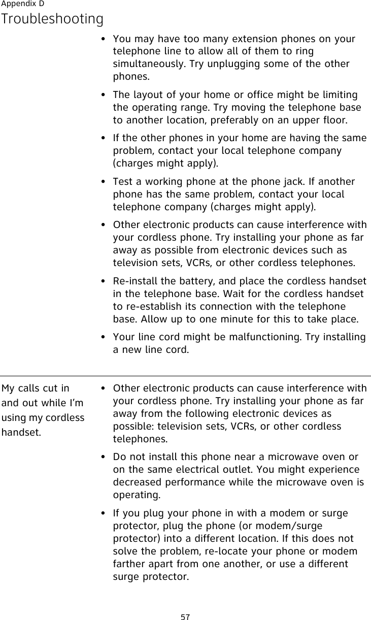 Appendix D57Troubleshooting• You may have too many extension phones on your telephone line to allow all of them to ring simultaneously. Try unplugging some of the other phones.• The layout of your home or office might be limiting the operating range. Try moving the telephone base to another location, preferably on an upper floor.• If the other phones in your home are having the same problem, contact your local telephone company (charges might apply).• Test a working phone at the phone jack. If another phone has the same problem, contact your local telephone company (charges might apply).• Other electronic products can cause interference with your cordless phone. Try installing your phone as far away as possible from electronic devices such as television sets, VCRs, or other cordless telephones.• Re-install the battery, and place the cordless handset in the telephone base. Wait for the cordless handset to re-establish its connection with the telephone base. Allow up to one minute for this to take place. • Your line cord might be malfunctioning. Try installing a new line cord.My calls cut in and out while I’m using my cordless handset.• Other electronic products can cause interference with your cordless phone. Try installing your phone as far away from the following electronic devices as possible: television sets, VCRs, or other cordless telephones.• Do not install this phone near a microwave oven or on the same electrical outlet. You might experience decreased performance while the microwave oven is operating.• If you plug your phone in with a modem or surge protector, plug the phone (or modem/surge protector) into a different location. If this does not solve the problem, re-locate your phone or modem farther apart from one another, or use a different surge protector.