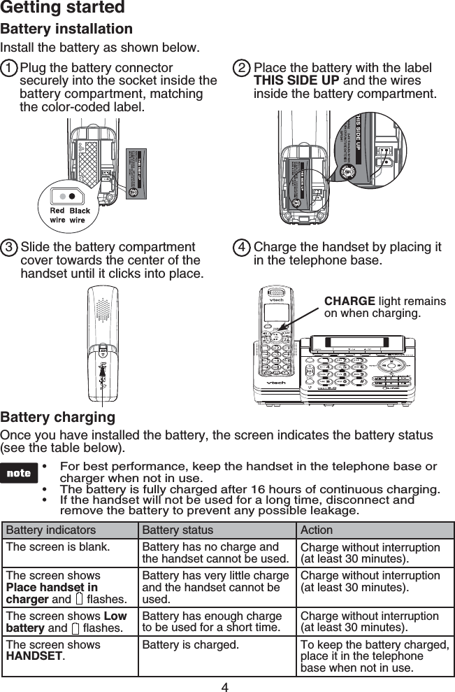 4Getting startedBattery installationInstall the battery as shown below.Battery indicators Battery status ActionThe screen is blank. Battery has no charge and the handset cannot be used. Charge without interruption (at least 30 minutes).The screen shows  Place handset in charger and   ﬂashes.Battery has very little charge and the handset cannot be used.Charge without interruption (at least 30 minutes).The screen shows Low battery and   ﬂashes. Battery has enough charge to be used for a short time.Charge without interruption (at least 30 minutes).The screen shows HANDSET.Battery is charged. To keep the battery charged, place it in the telephone base when not in use.1 23Plug the battery connector securely into the socket inside the battery compartment, matching the color-coded label.Place the battery with the label THIS SIDE UP and the wires inside the battery compartment.Slide the battery compartment cover towards the center of the handset until it clicks into place.Charge the handset by placing it in the telephone base.4CHARGE light remains on when charging.#BUUFSZDIBSHJOHOnce you have installed the battery, the screen indicates the battery status (see the table below). For best performance, keep the handset in the telephone base or charger when not in use.The battery is fully charged after 16 hours of continuous charging.If the handset will not be used for a long time, disconnect and remove the battery to prevent any possible leakage. •••