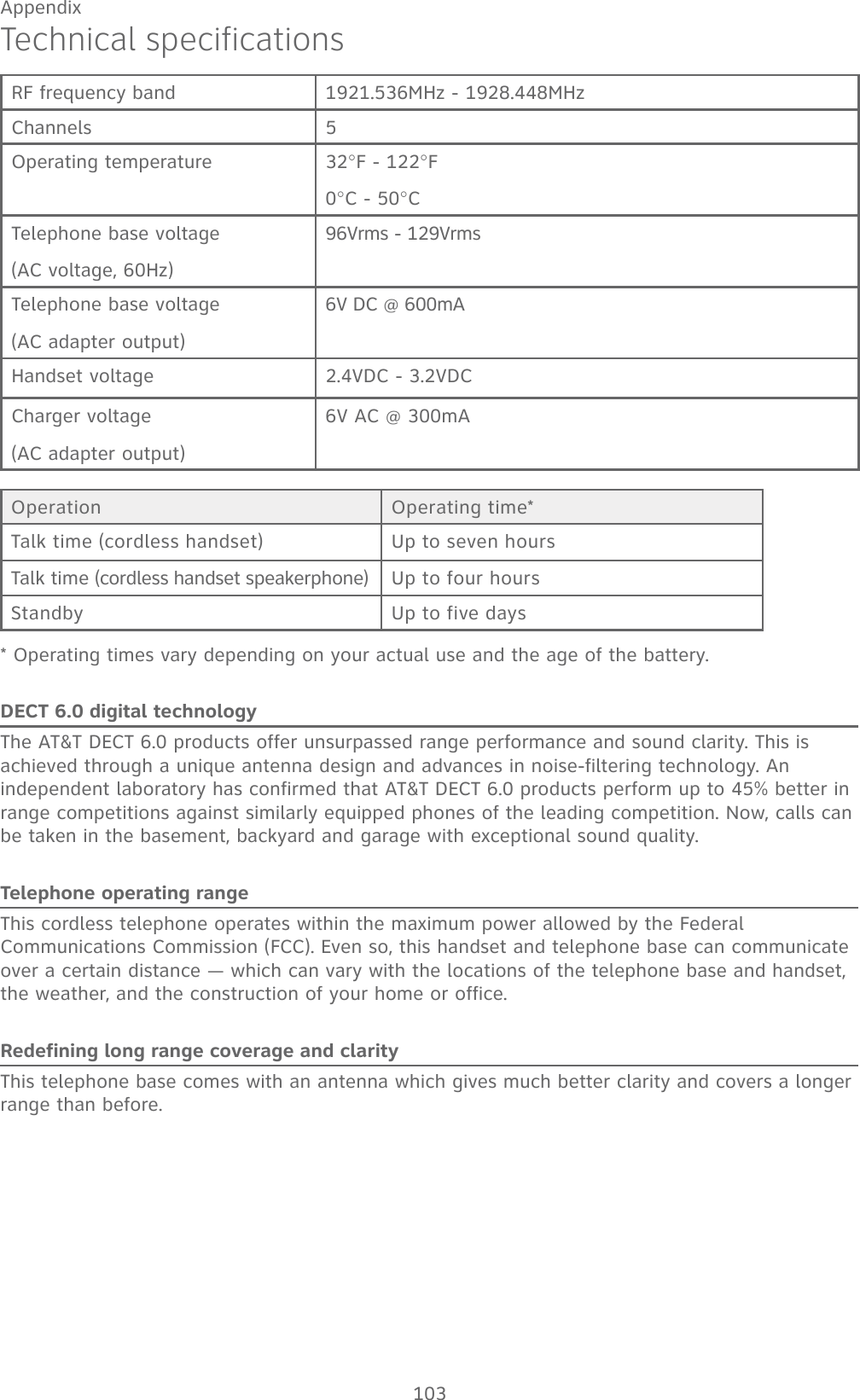 103AppendixTechnical specificationsRF frequency band 1921.536MHz - 1928.448MHzChannels 5Operating temperature 32°F - 122°F0°C - 50°CTelephone base voltage(AC voltage, 60Hz)96Vrms - 129VrmsTelephone base voltage(AC adapter output)6V DC @ 600mAHandset voltage 2.4VDC - 3.2VDCCharger voltage(AC adapter output)6V AC @ 300mAOperation Operating time*Talk time (cordless handset) Up to seven hoursTalk time (cordless handset speakerphone) Up to four hoursStandby Up to five days* Operating times vary depending on your actual use and the age of the battery. DECT 6.0 digital technologyThe AT&amp;T DECT 6.0 products offer unsurpassed range performance and sound clarity. This is achieved through a unique antenna design and advances in noise-filtering technology. An independent laboratory has confirmed that AT&amp;T DECT 6.0 products perform up to 45% better in range competitions against similarly equipped phones of the leading competition. Now, calls can be taken in the basement, backyard and garage with exceptional sound quality.  Telephone operating rangeThis cordless telephone operates within the maximum power allowed by the Federal Communications Commission (FCC). Even so, this handset and telephone base can communicate over a certain distance — which can vary with the locations of the telephone base and handset, the weather, and the construction of your home or office. Redefining long range coverage and clarityThis telephone base comes with an antenna which gives much better clarity and covers a longer range than before.