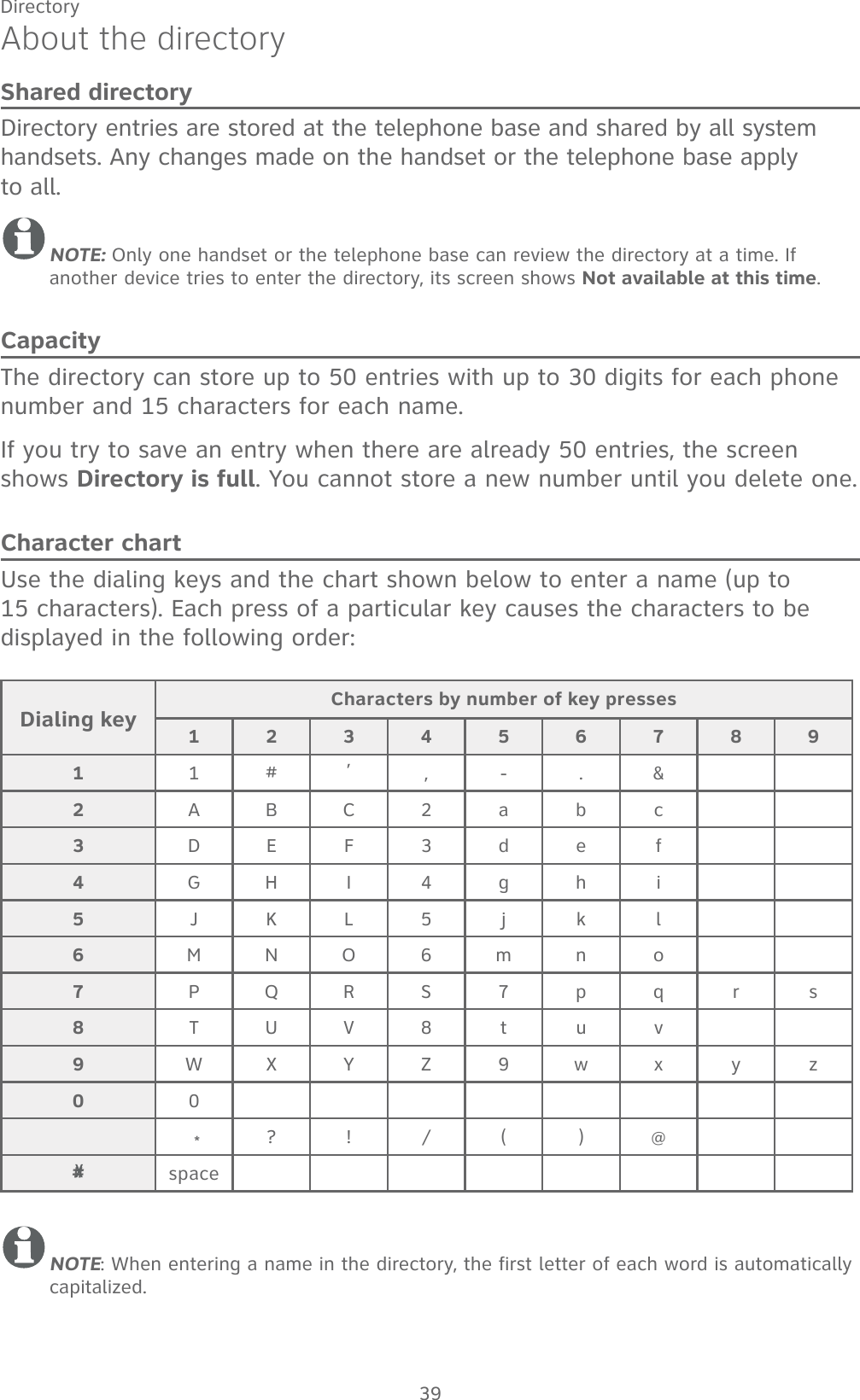 39DirectoryAbout the directoryShared directoryDirectory entries are stored at the telephone base and shared by all system handsets. Any changes made on the handset or the telephone base apply  to all. NOTE: Only one handset or the telephone base can review the directory at a time. If another device tries to enter the directory, its screen shows Not available at this time.CapacityThe directory can store up to 50 entries with up to 30 digits for each phone number and 15 characters for each name. If you try to save an entry when there are already 50 entries, the screen shows Directory is full. You cannot store a new number until you delete one.Character chartUse the dialing keys and the chart shown below to enter a name (up to 15 characters). Each press of a particular key causes the characters to be displayed in the following order:NOTE: When entering a name in the directory, the first letter of each word is automatically capitalized.Dialing key Characters by number of key presses12345678911# ,,-.&amp;2ABC2abc3DEF3de f4GH I 4gh i5JKL5j k l6MNO 6m n o7PQRS7pq r s8TUV8 t uv9WX Y Z 9w x y z00    *?!/()@#space