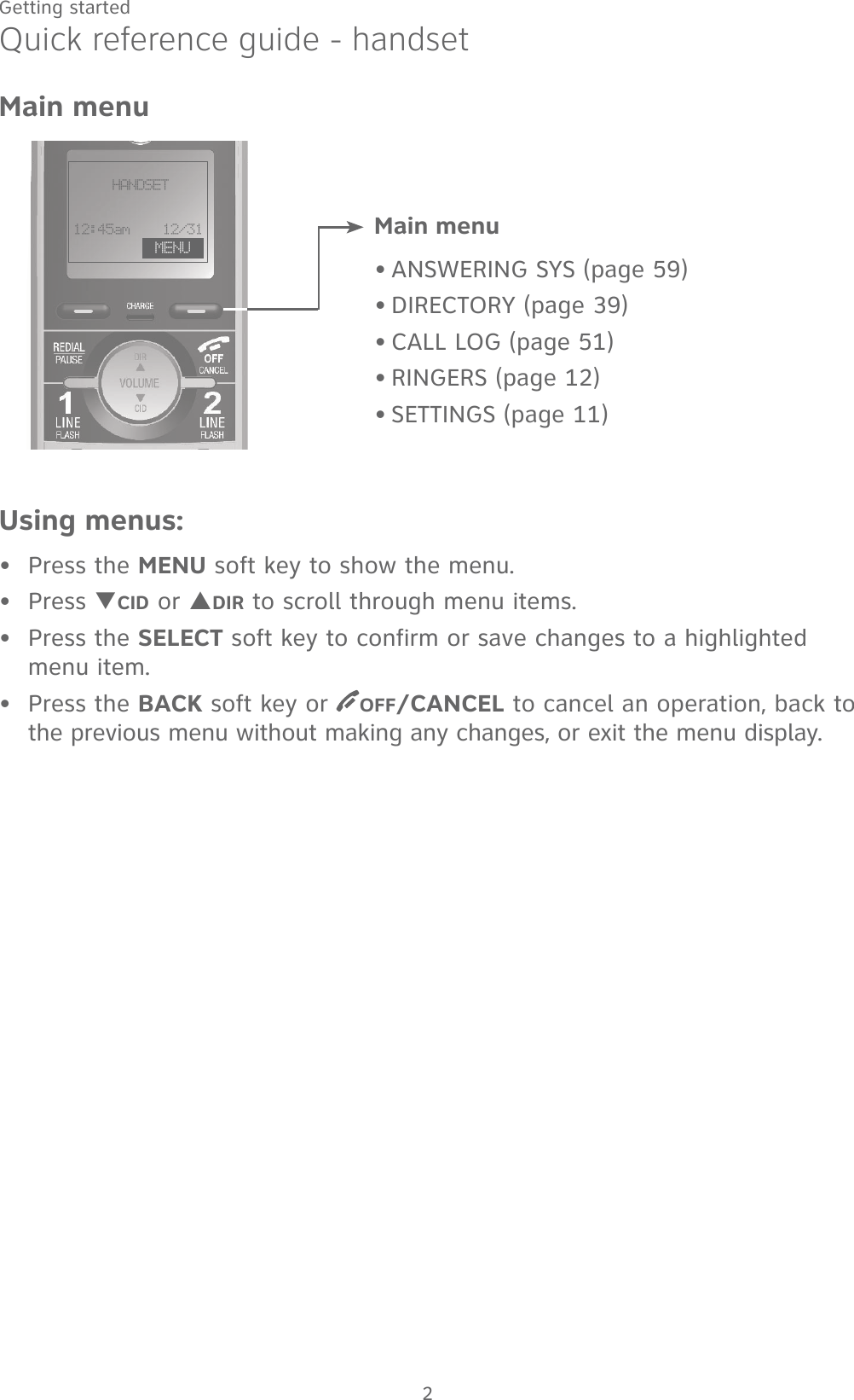 2Getting started MENUHANDSET12:45am    12/31Main menuMain menuANSWERING SYS (page 59)DIRECTORY (page 39)CALL LOG (page 51)RINGERS (page 12)SETTINGS (page 11)•••••Using menus:Press the MENU soft key to show the menu.Press TCID or SDIR to scroll through menu items.Press the SELECT soft key to confirm or save changes to a highlighted menu item.Press the BACK soft key or  OFF/CANCEL to cancel an operation, back to the previous menu without making any changes, or exit the menu display.••••Quick reference guide - handset