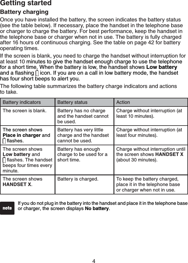 4Getting startedBattery chargingOnce you have installed the battery, the screen indicates the battery status (see the table below). If necessary, place the handset in the telephone base or charger to charge the battery. For best performance, keep the handset in the telephone base or charger when not in use. The battery is fully charged after 16 hours of continuous charging. See the table on page 42 for battery operating times.If the screen is blank, you need to charge the handset without interruption for at least 10 minutes to give the handset enough charge to use the telephone for a short time. When the battery is low, the handset shows Low batteryCPFCƀCUJKPI  icon. If you are on a call in low battery mode, the handset has four short beeps to alert you.The following table summarizes the battery charge indicators and actions to take.Battery indicators Battery status ActionThe screen is blank. Battery has no charge and the handset cannot be used.Charge without interruption (at least 10 minutes).The screen shows Place in charger and ƀCUJGUBattery has very little charge and the handset cannot be used.Charge without interruption (at least four minutes).The screen shows Low battery and ƀCUJGU6JGJCPFUGVbeeps four times every minute.Battery has enough charge to be used for a short time.Charge without interruption until the screen shows HANDSET X(about 30 minutes).The screen shows HANDSET X.Battery is charged. To keep the battery charged, place it in the telephone base or charger when not in use.If you do not plug in the battery into the handset and place it in the telephone base or charger, the screen displays No battery.